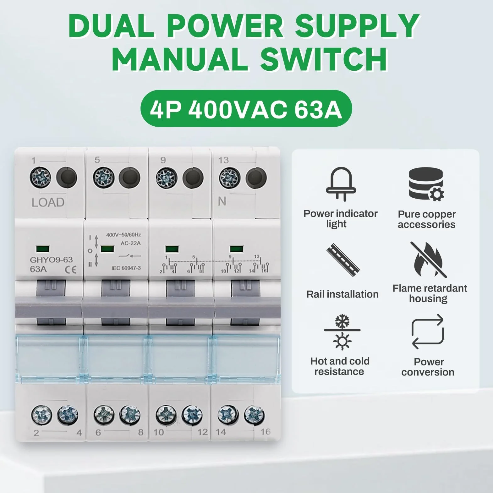 Jadeshay GYHO9-63 przełącznik transferowy Dual Power, wyłącznik obciążenia 63 A, 4-biegunowy, 400 V AC, elektryczny przełącznik wyboru