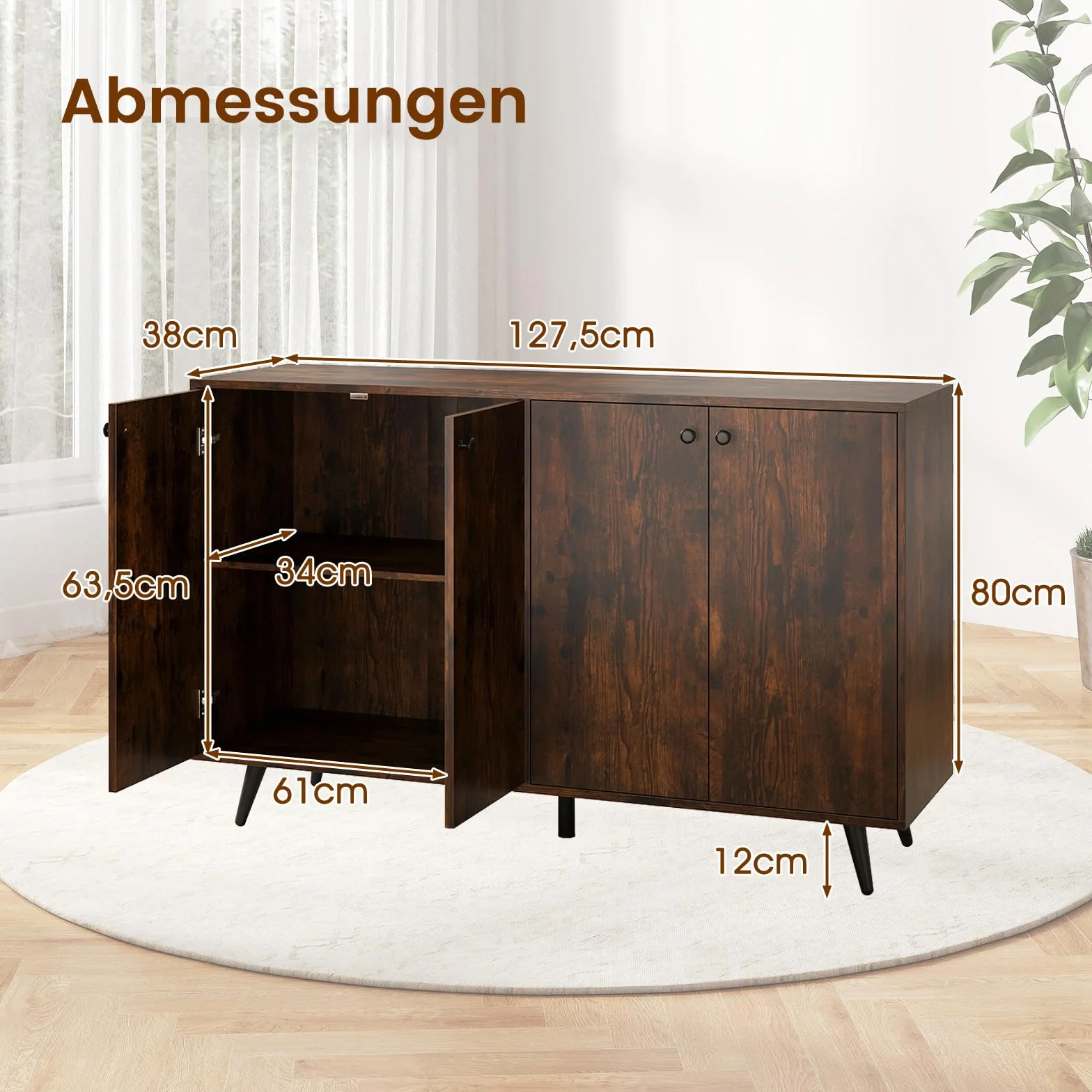 COSTWAY kredens drewniany, komoda z 4 drzwiami i 5-stopniowo regulowanymi półkami, szafka kuchenna, szafka vintage, do salonu, kuchni, jadalni, 127,5 x 38 x 80 cm (brązowy)