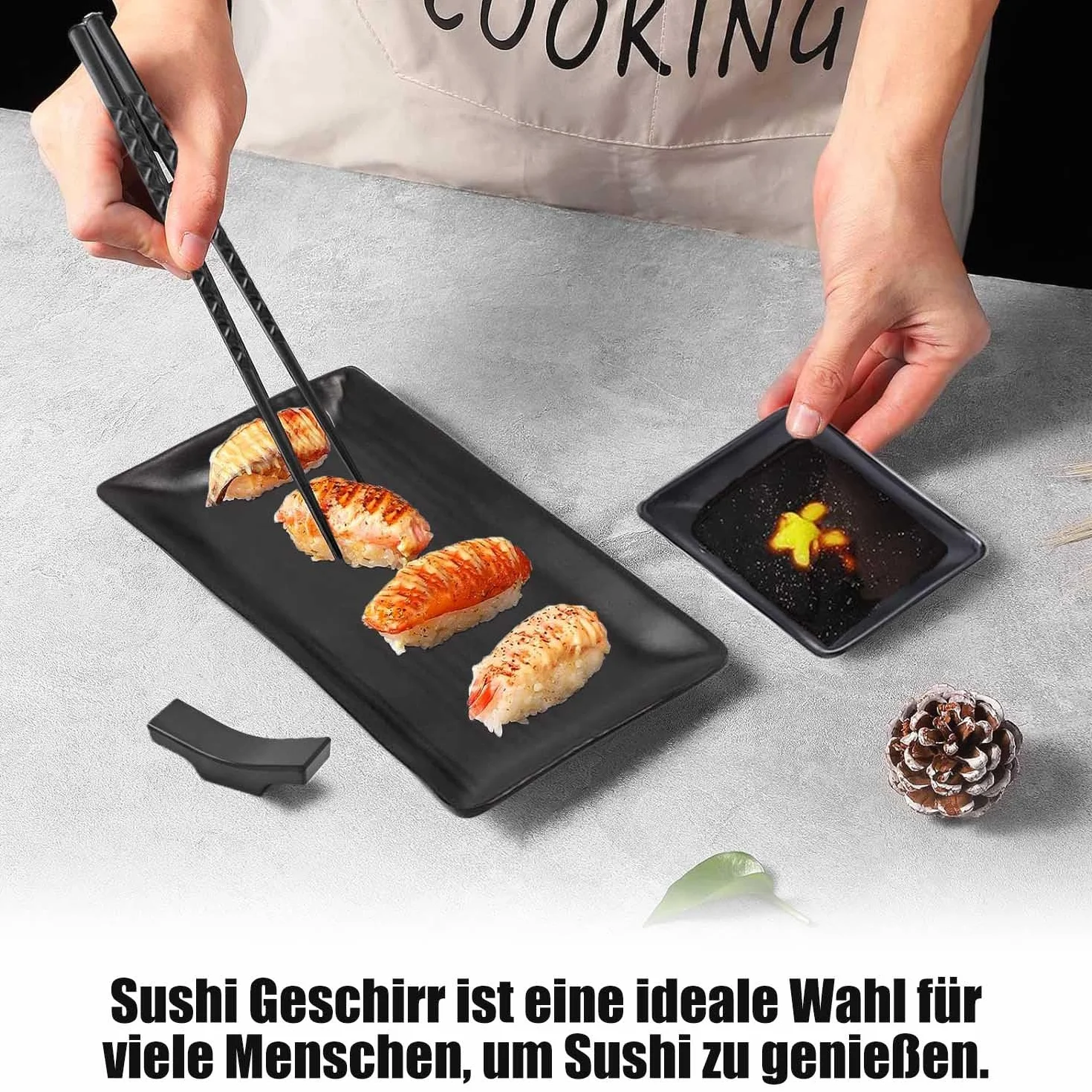 Talerz do sushi 8-częściowy łupkowy 21x10 cm z miseczkami i pałeczkami