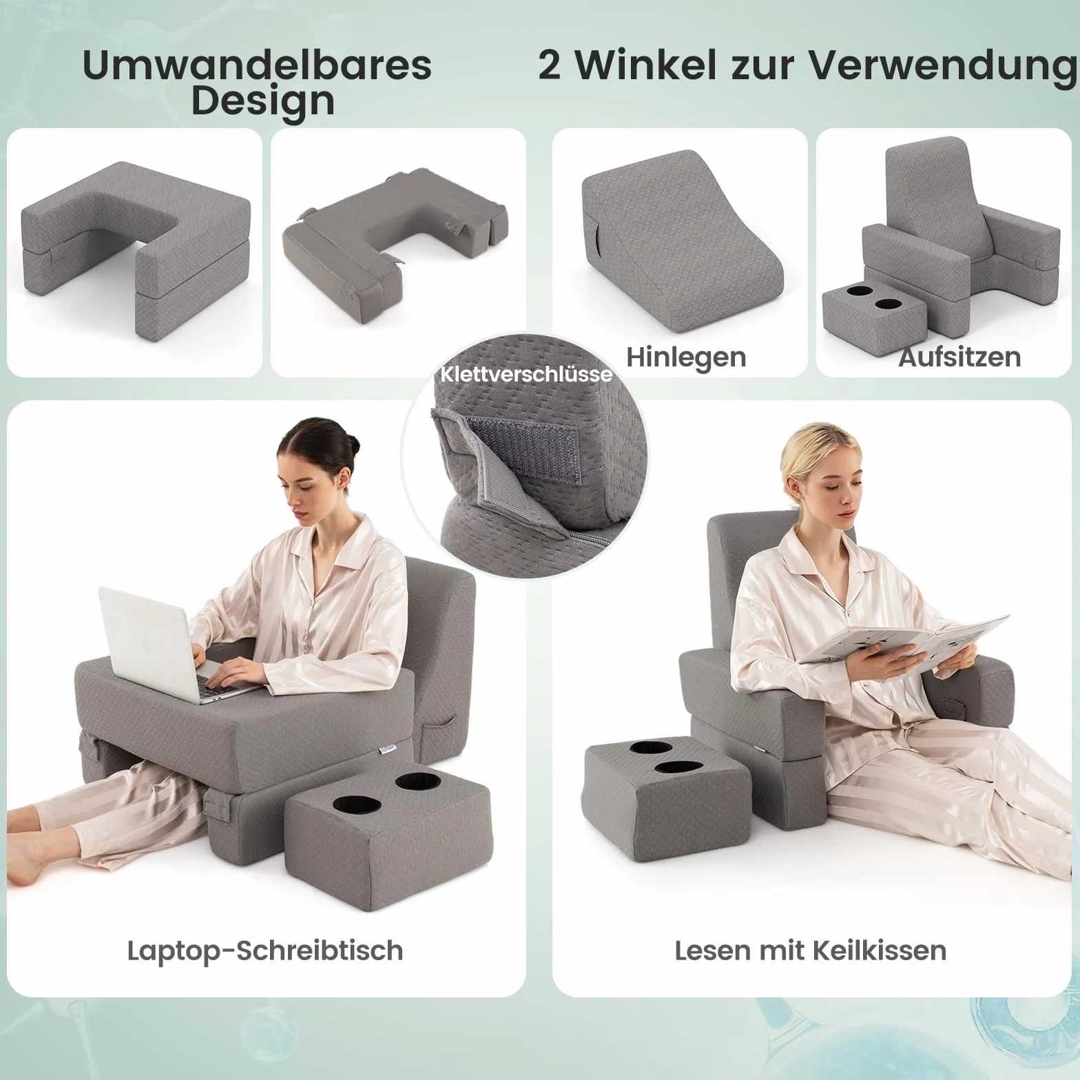 COSTWAY Poduszka do czytania na łóżko i sofę, poduszka na książki z uchwytem na napoje, ergonomiczna poduszka pod plecy z poszewką nadającą się do prania, poduszka na kolanach, swobodnie łączony