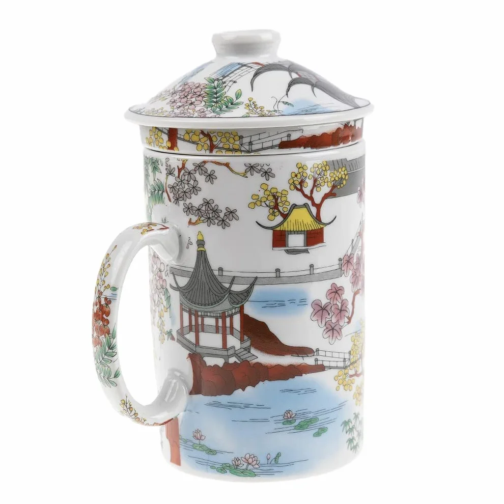 Chińska filiżanka Contemplation des See porcelanowa do herbaty z sitkiem i pokrywką tradycyjne chińskie malarstwo