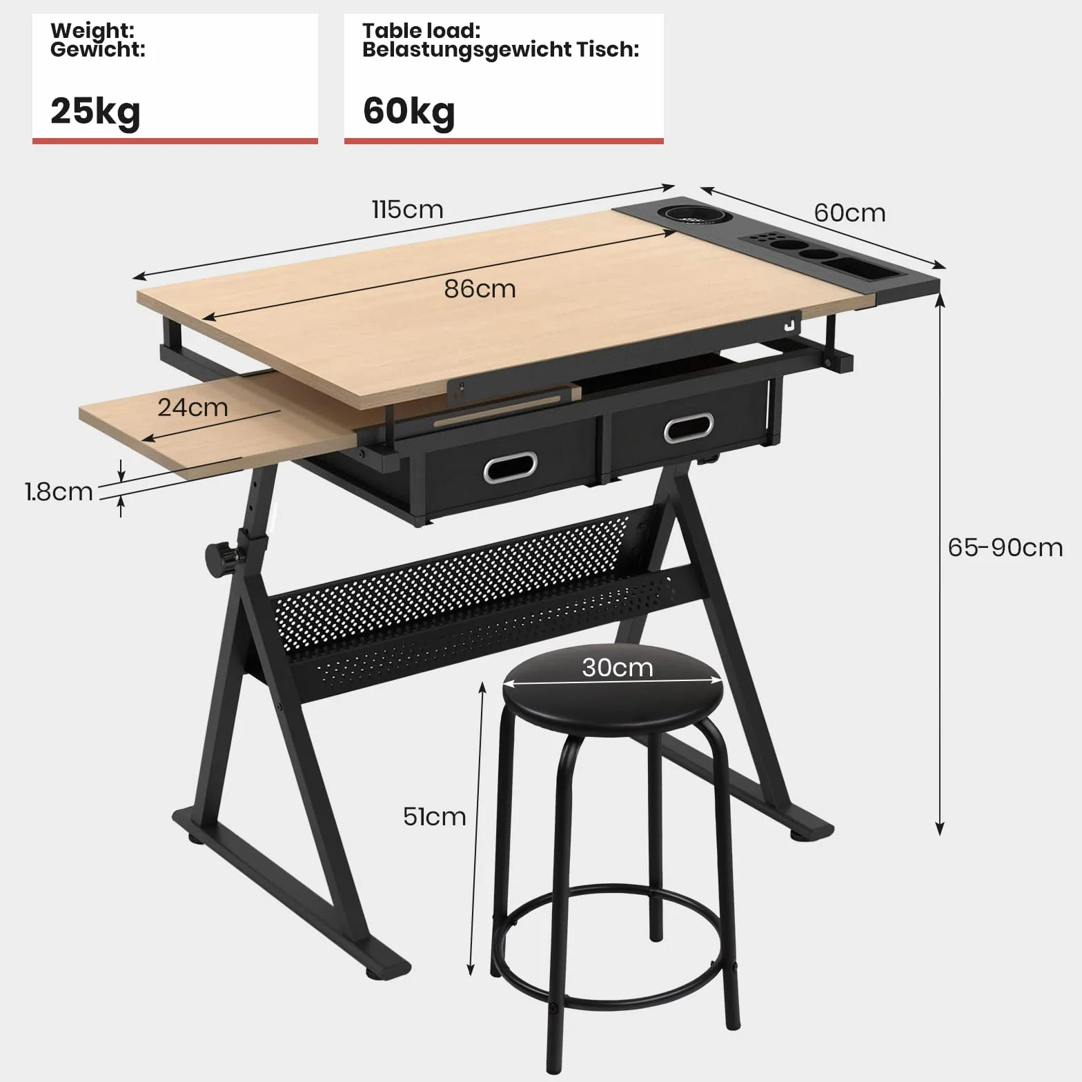 MIADOMODO® Stół do rysowania – uchylny, 115x60 cm, regulowana wysokość, MDF, stołek, 2 szuflady – stół kreślarski, artystyczny, techniczny