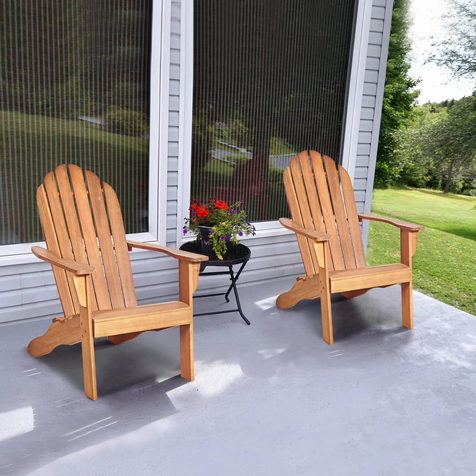 KOMFOTTEU Adirondack krzesło ogrodowe z drewna akacjowego z oparciem i podłokietnikami, ergonomiczne, drewniane krzesło do 160 kg, krzesło relaksacyjne na balkon, do ogrodu, na plażę (naturalne)