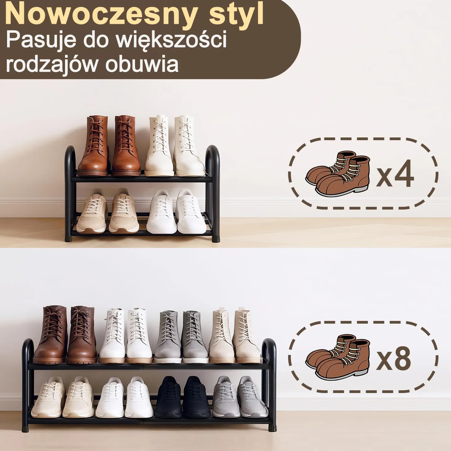 MIKOYO 2 Poziomowa Rozkładana Wąska Półka na Buty, Czarny Metal, Regulowana Szerokość 43–78 cm, Stojak do Przechowywania Butów, Idealny do Szaf, Wąskich Przestrzeni, Przedpokoju, Korytarza, Sypialni