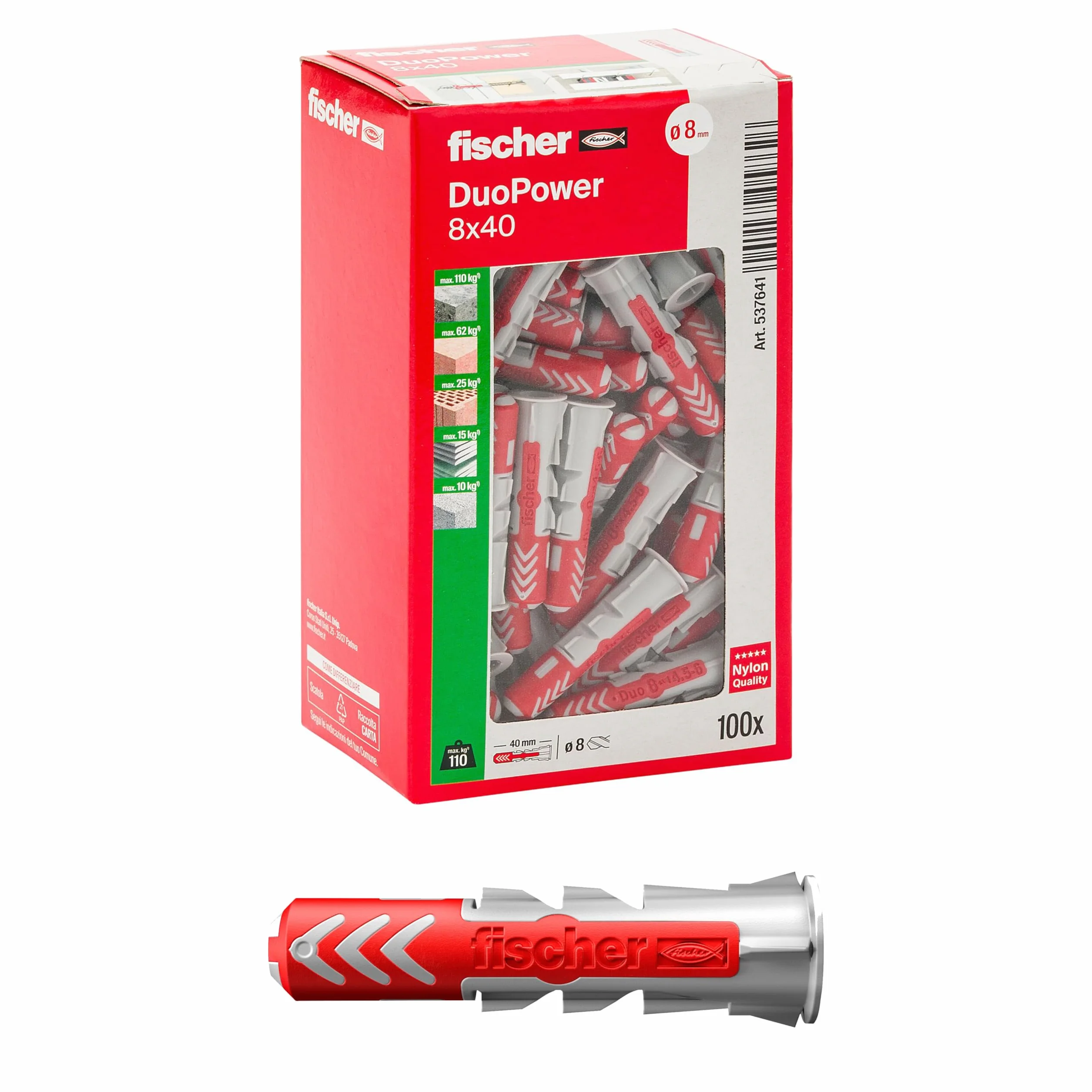 Fischer 537641 Duopower kołki, szare/czerwone, 8 x 40 mm, 100 sztuk