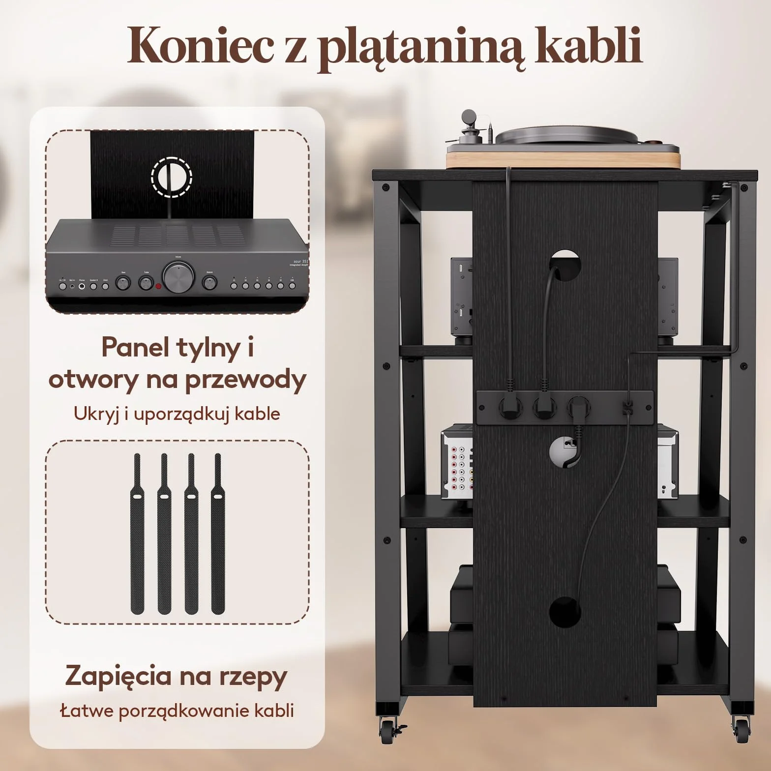 Lifewit 4-stopniowy regał HiFi z kółkami i regulowaną półką, stół gramofonowy z listwami zasilającymi i diodami LED, stojak na media AV, do salonu, 60 x 55 x 90 cm, rustykalny brąz