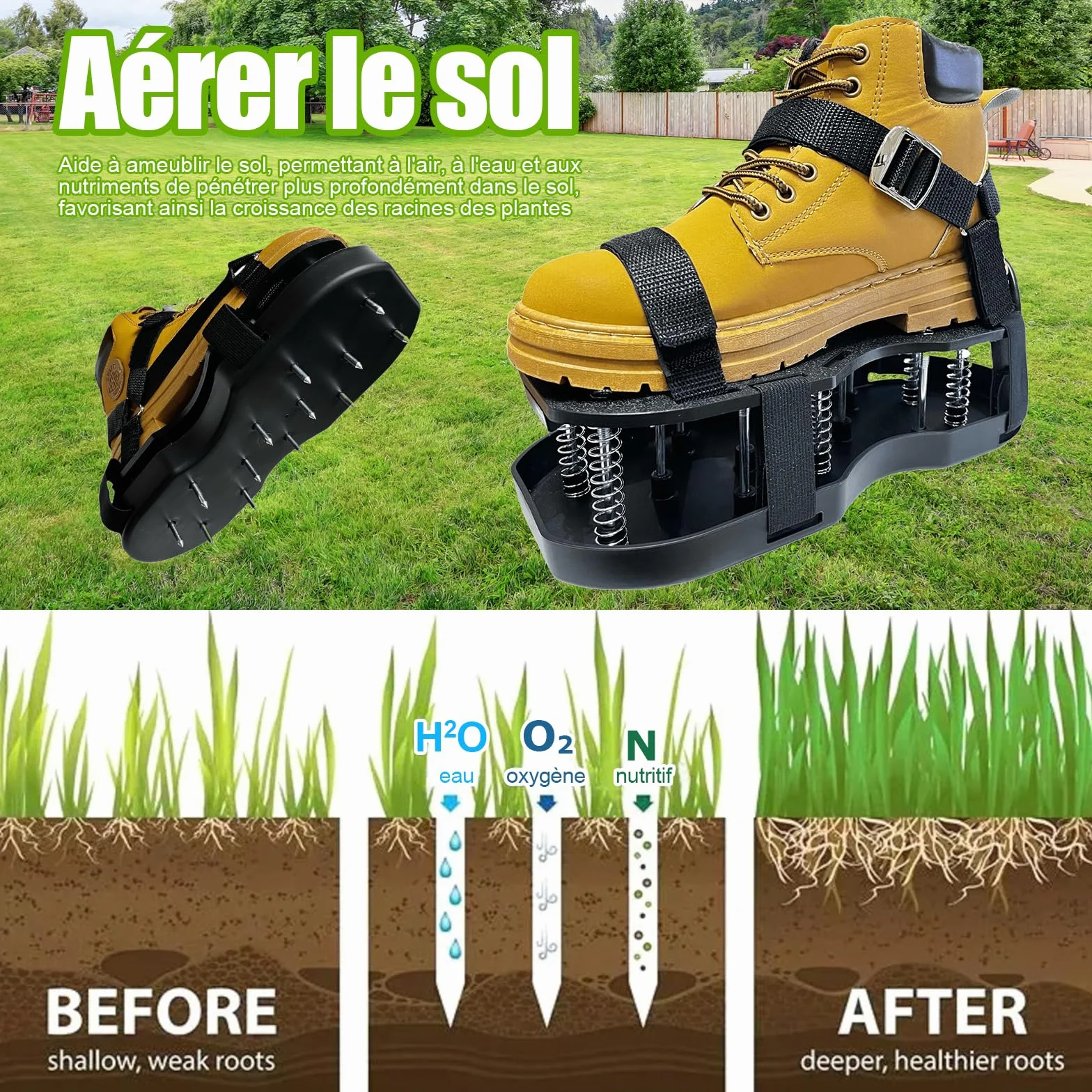 OBEST Sandały Aerator Trawnik, podwójna podeszwa z mechanizmem sprężynowym, wertykulator trawnika z 13 stalowymi gwoździami, regulowany rozmiar (6–11)