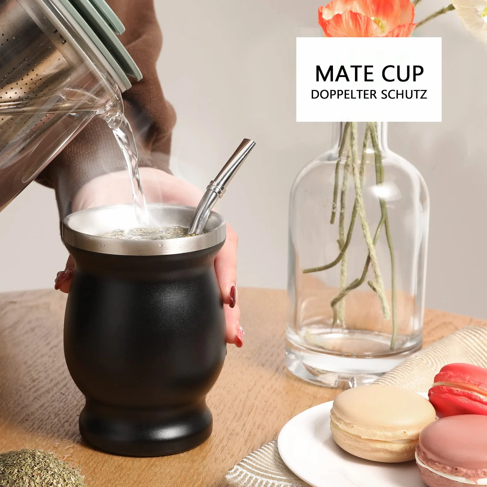 Mate zestaw do herbaty, z łyżeczką do słomki i szczotką do czyszczenia, 230 ml Mate Gourd, zestaw do herbaty mate, kawy, mleka i soku (czarny)