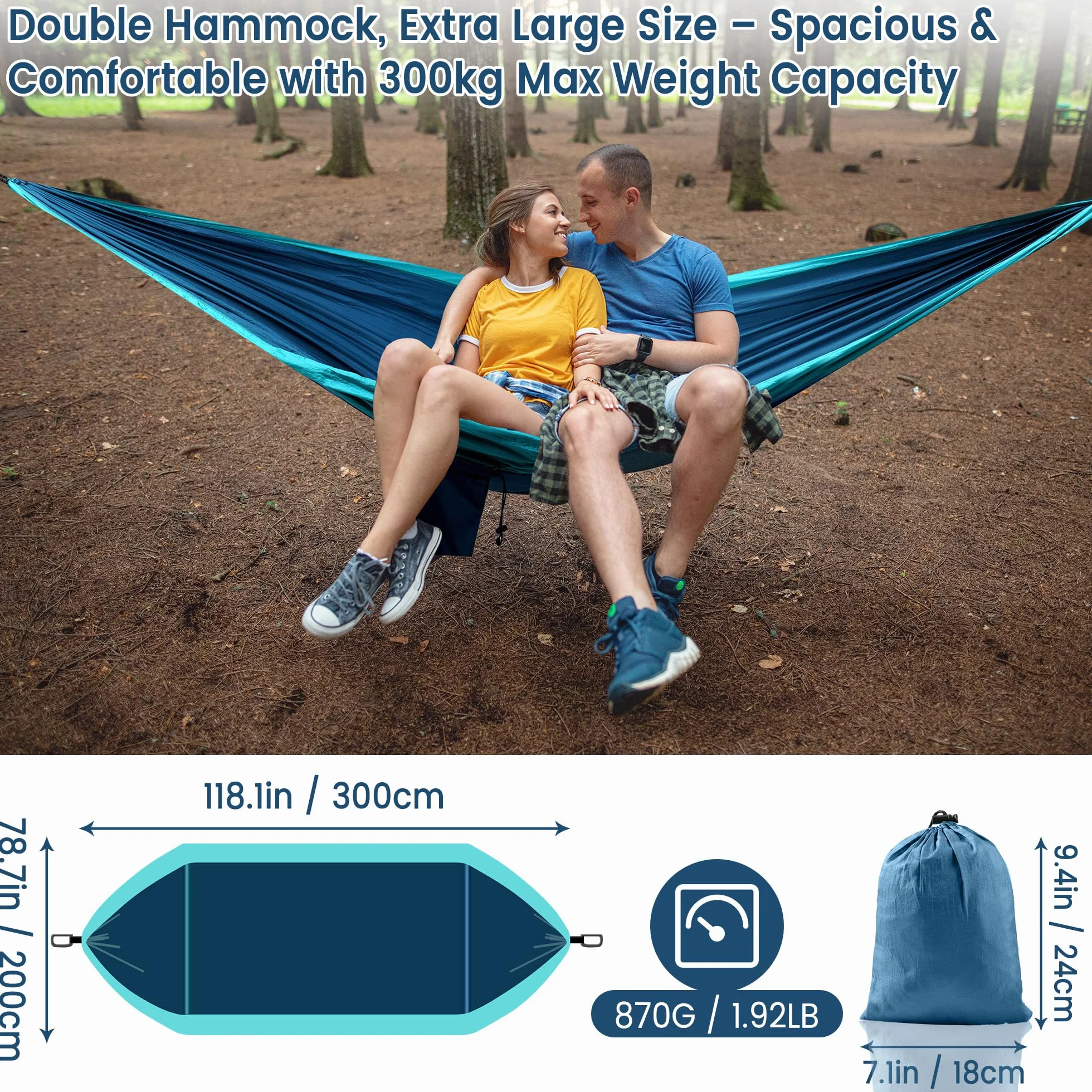 Hamak XXL dla 2 osób, 300 x 200 cm, składany, ultralekki i przenośny, hamaki zewnętrzne z udźwigiem 300 kg, idealny do ogrodu, campingu, podróży (jeziorno niebieski)