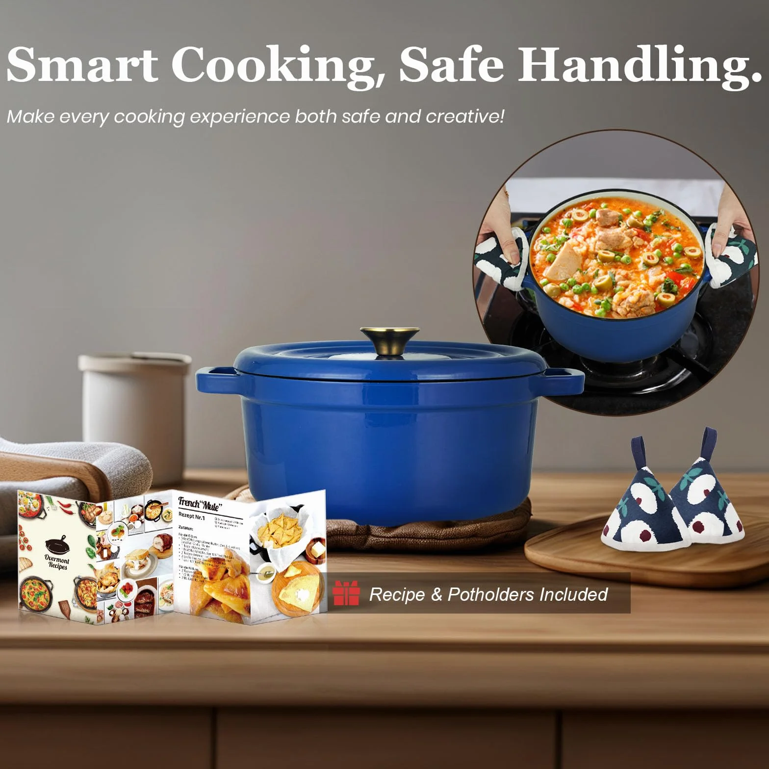 Overmont Garnek emaliowany żeliwny - Dutch Oven 26 cm nadaje się do piekarnika z pokrywką i książką kucharską - do smażenia kuchni, pieczenia, duszenia, królewski błękit