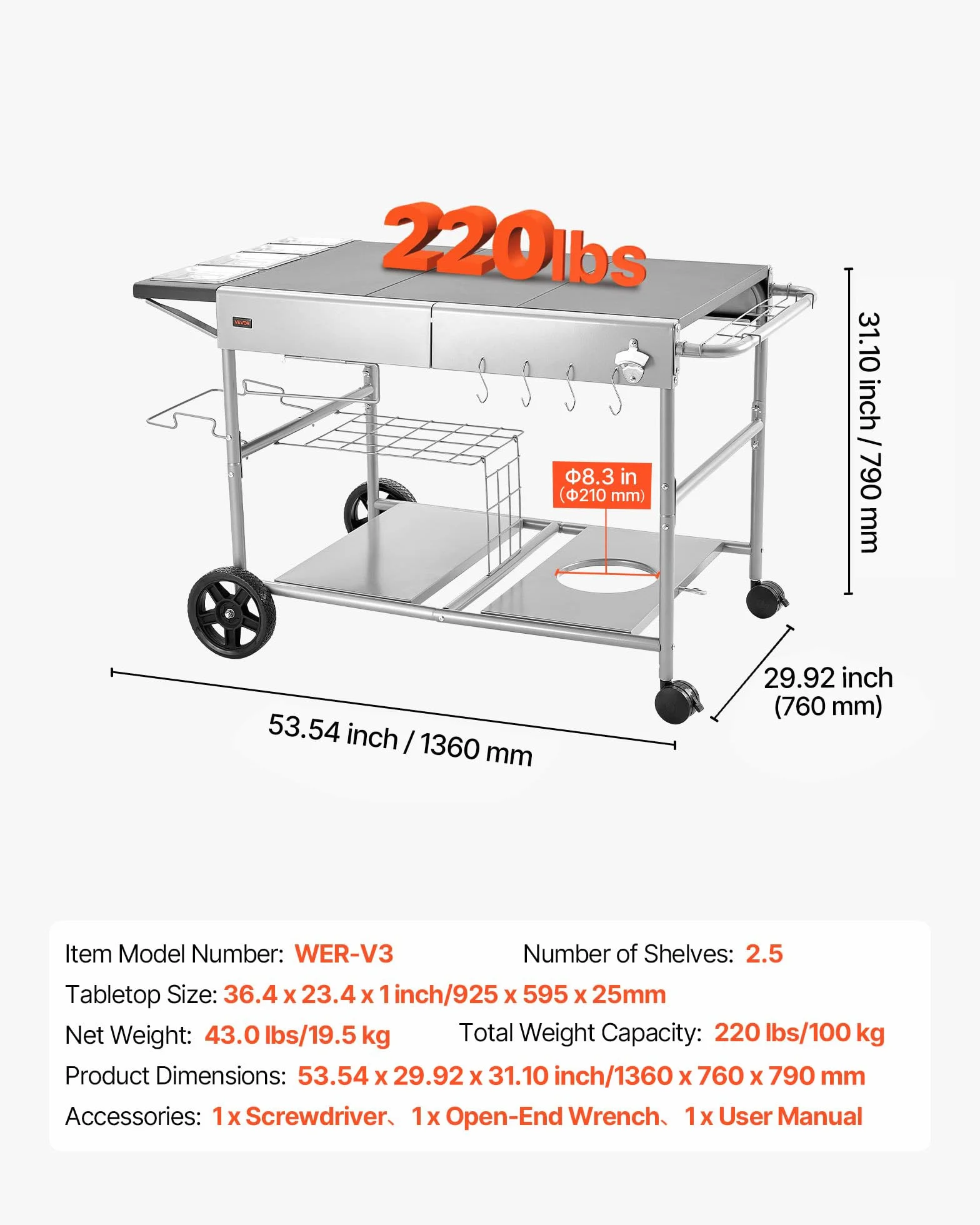 VEVOR Wózek do grillowania na zewnątrz, 925 x 595 x 25 mm (rozmiar blatu stołu), zwijany stół do grillowania z 4 pojemnikami na przyprawy, kółkami, pokrywkami i haczykami, wózek do serwowania na