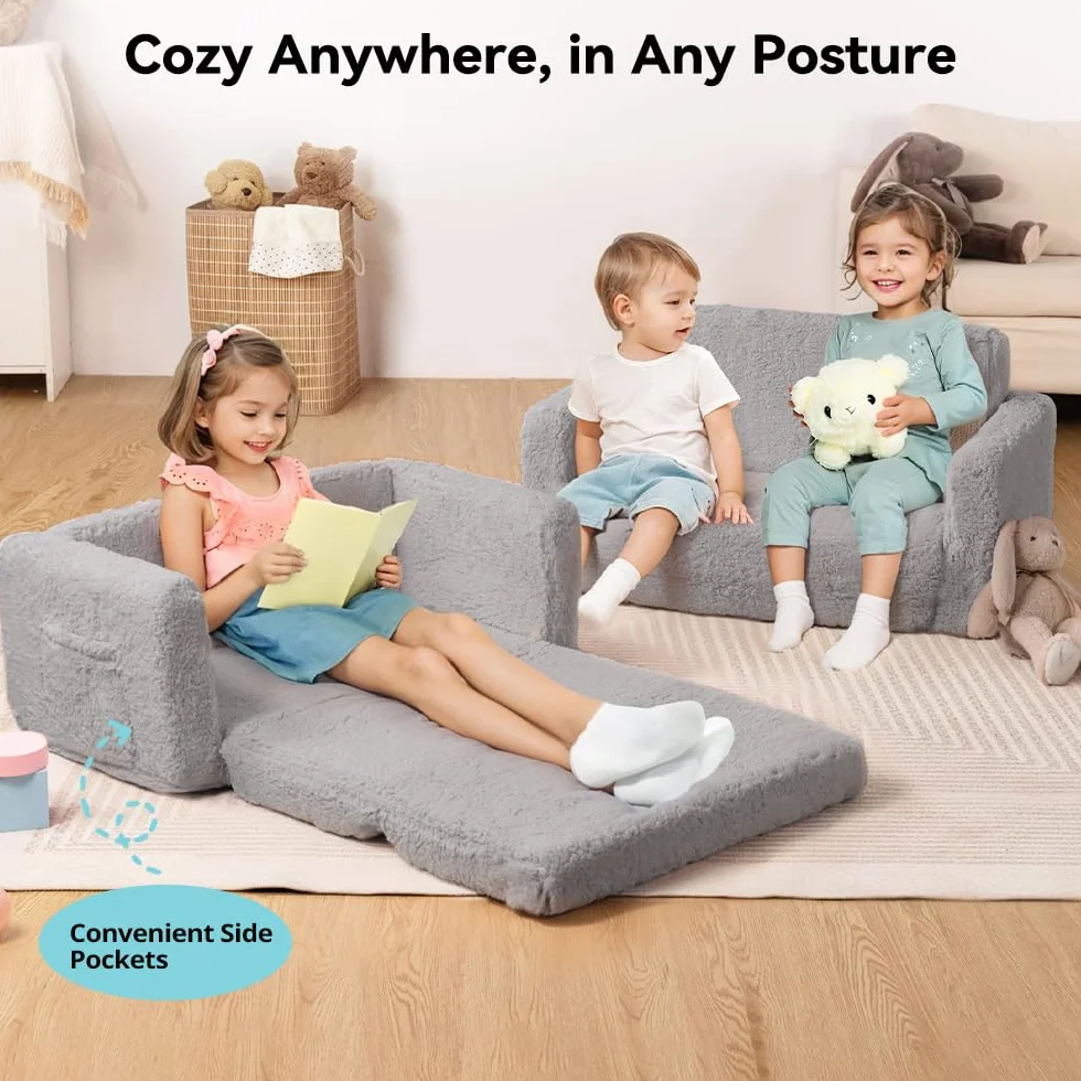 Sofa dla dzieci 2 w 1, bardzo szerokie krzesło dla malucha z bocznymi kieszeniami i zdejmowanym pokrowcem, rozkładane fotele dziecięce dla dziewcząt i chłopców (szary)