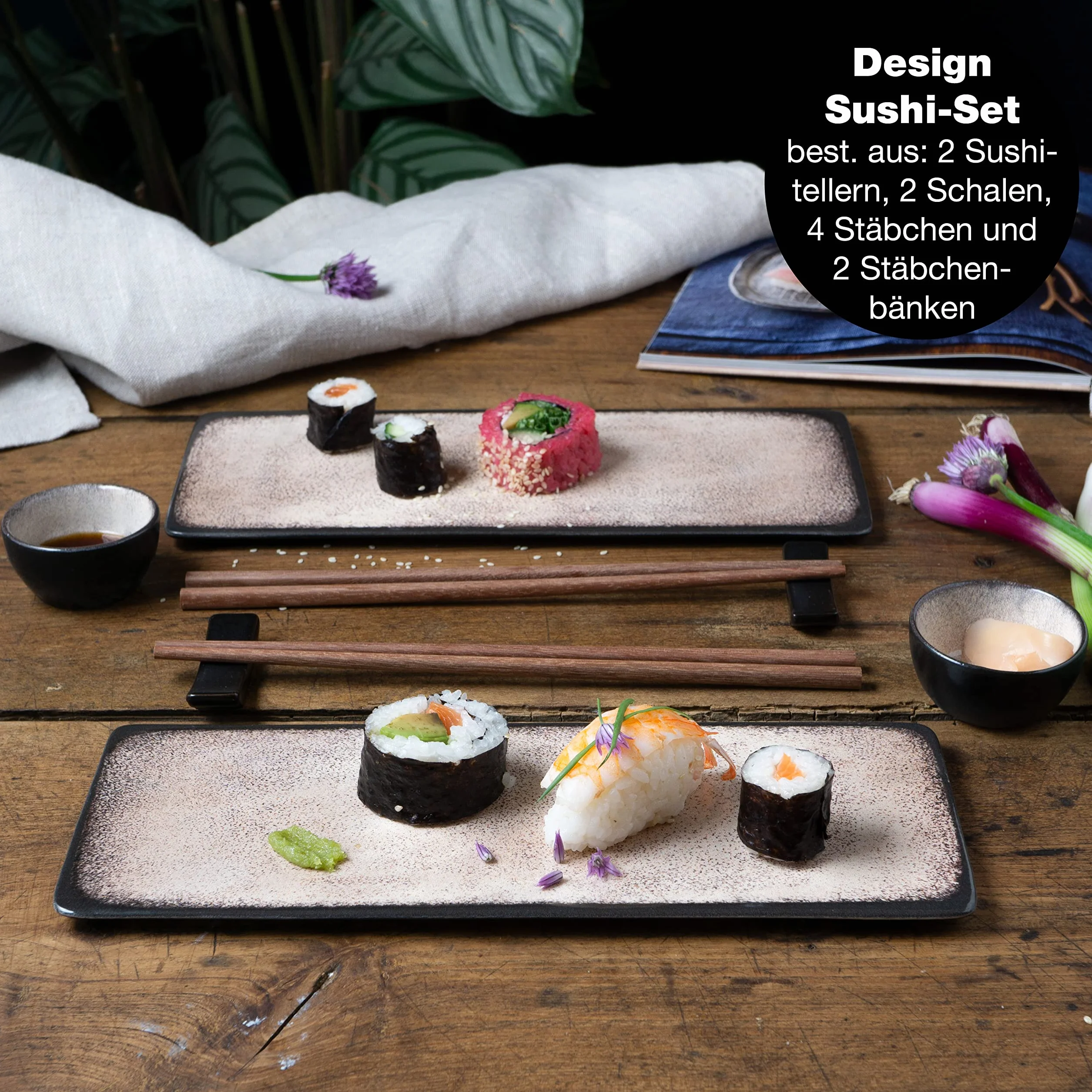 Moritz & Moritz VIDA zestaw naczyń do sushi dla 2 osób, zestaw 10 sztuk, zestaw do sushi z 2 talerzami do sushi, miseczkami na sosami i pałeczkami