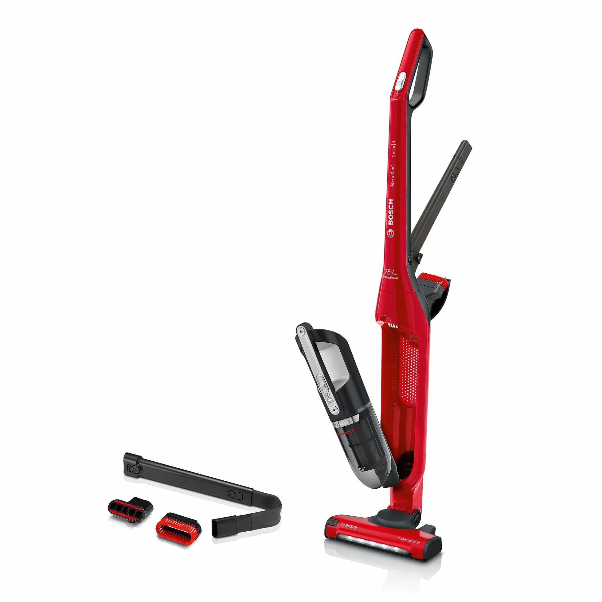 Bosch, Flexxo Gen2 Serie 4, ProAnimal, 28 Vmax, 2w1, bezprzewodowy, bezworkowy odkurzacz ręczny i pionowy, zintegrowane akcesoria dla właścicieli zwierząt, czerwony, BBH3ZOO28