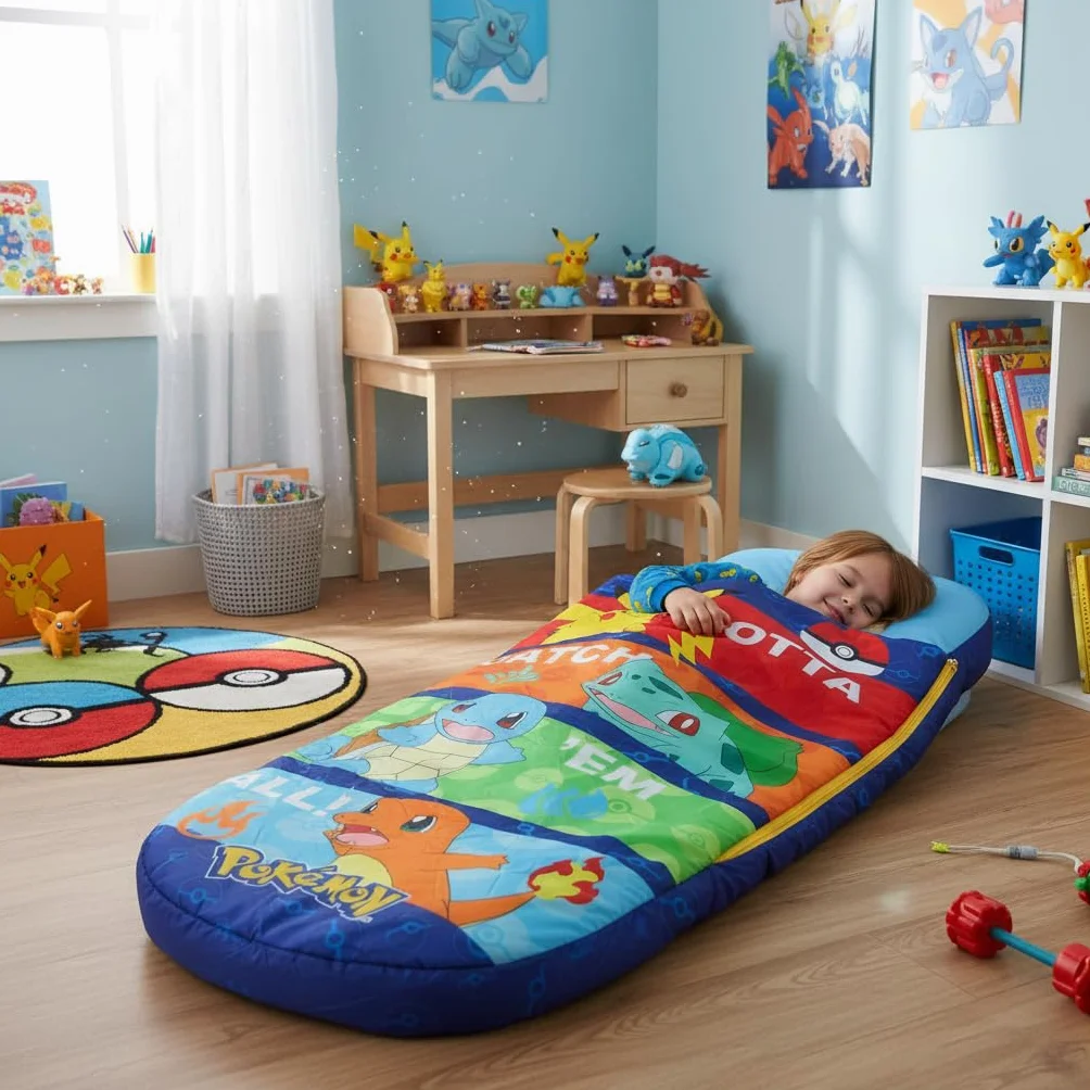 Character World Pokemon ReadyBed nadmuchiwane łóżko dmuchane i śpiwór z pompką, materac podróżny na nocowanie, kemping lub do użytku domowego