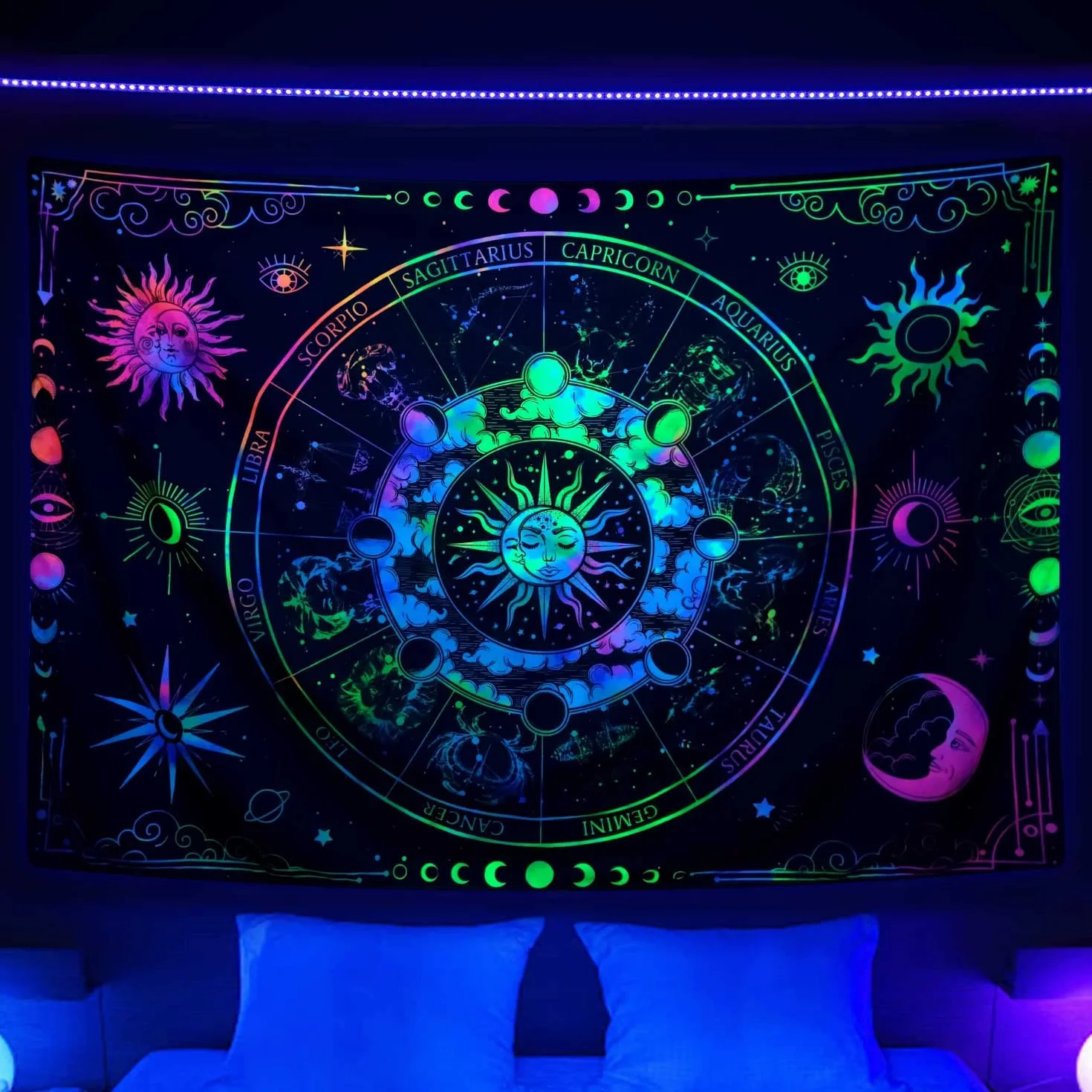 Zodiak astrologia czarne światło gobelin reaktywny UV, konstelacja słońce i księżyc gwiazdy czarne światło sztuka plakat dla mężczyzn pokój dekoracja sypialni, psychodeliczny blask w ciemności koc