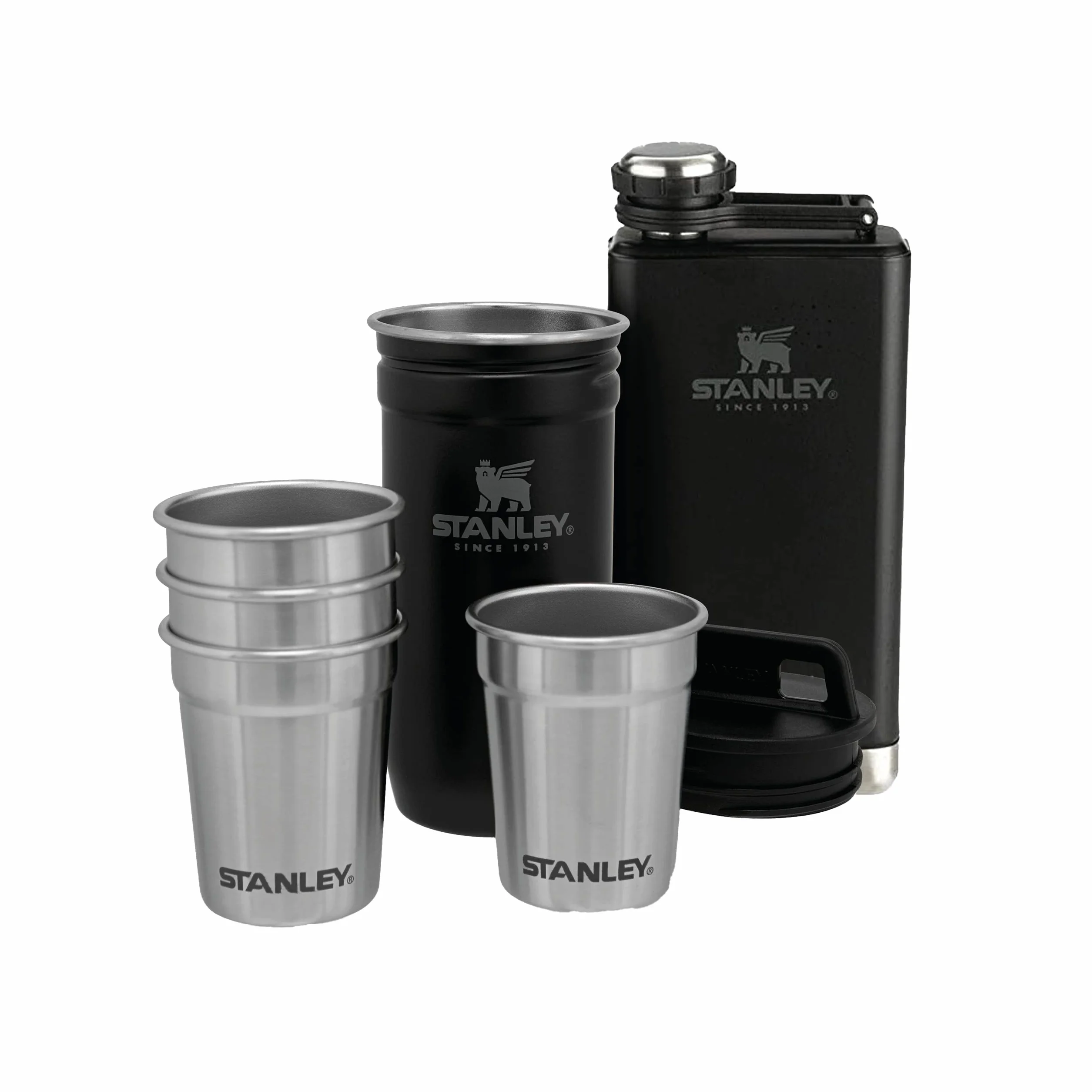 Stanley 1913 Adventure Pre-Party Shot Glass + Flask Set Matte Black Stal nierdzewna Bez BPA Zestaw podarunkowy