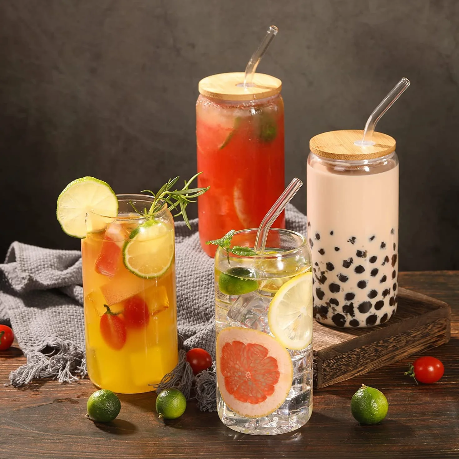 Panngu Bubble Tea kubek z drewnianą pokrywką i słomką, 500 ml (2 szt.), zestaw do wielokrotnego użytku, do koktajli mlecznych, soków, smoothie, piwa