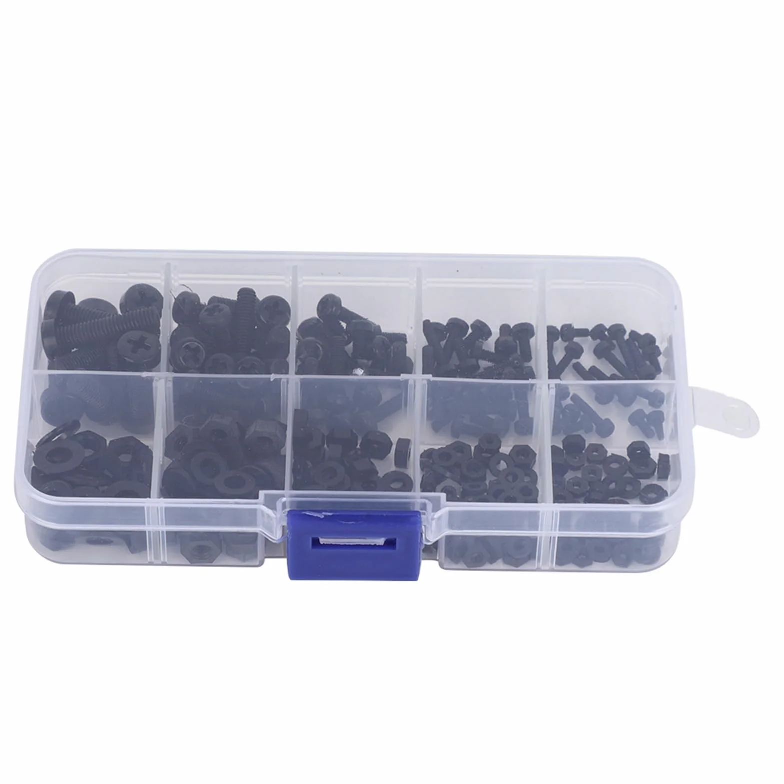 270 Sztuk/pudło M2/M2.5/M3/M4/M5 Nylon Śruba Nakrętka Podkładka Zestaw Asortymentu Łączniki Sprzętowe ze Śrubą Schowek(Czarny zestaw śrub nylonowych 270 sztuk)