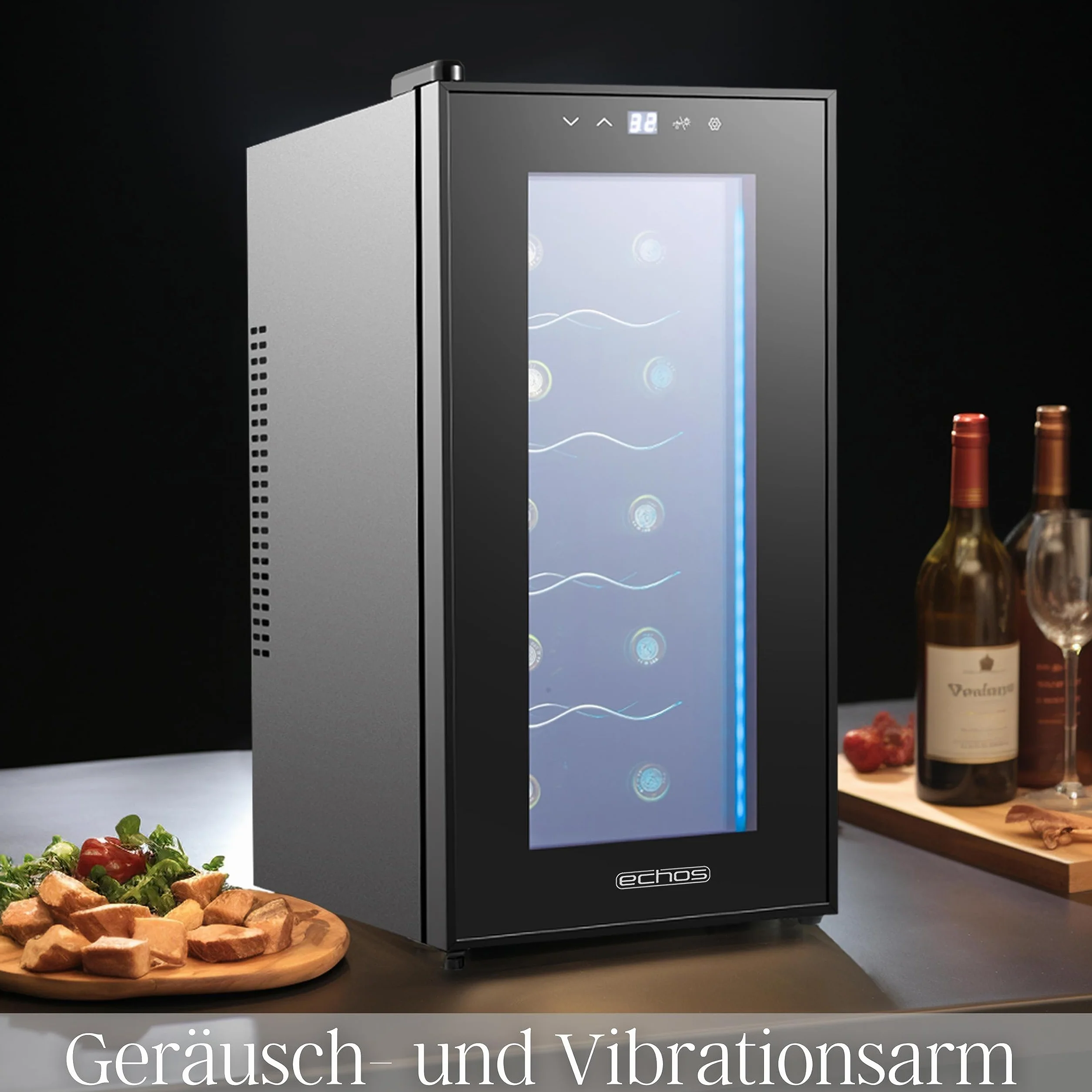 Echos Lodówka na wino, na 10 butelek, 28 l, oświetlenie LED, chłodziarka do wina, mini lodówka na wino, mini bar ze szklanymi drzwiczkami