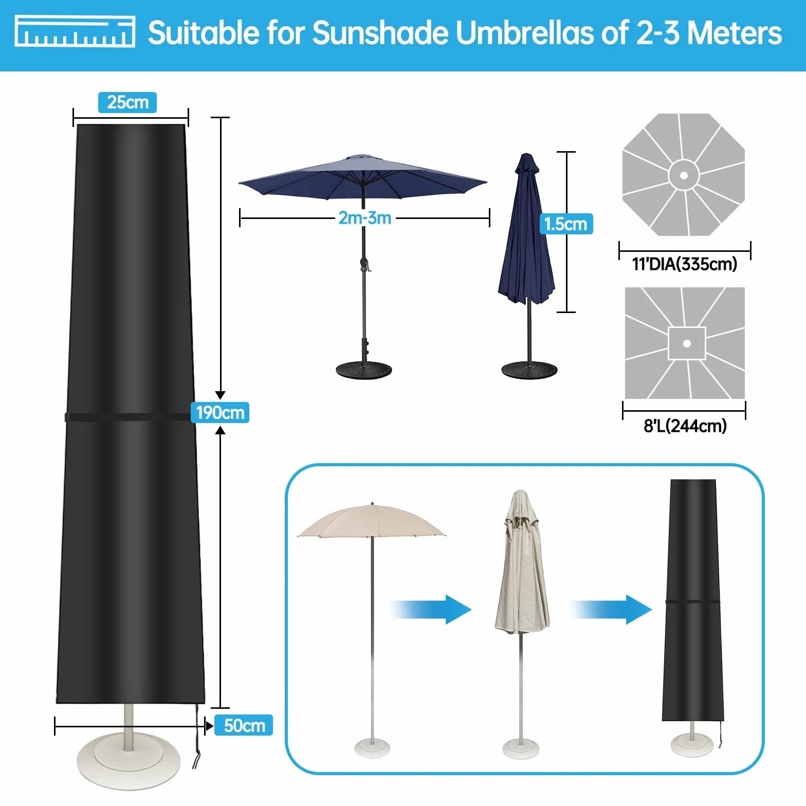 Wodoodporny pokrowiec ochronny na parasol przeciwsłoneczny, 210D, pokrowiec na parasol Ø 2 m/3 m, pokrowiec na parasol boczny (ampelschirm), osłona, czapka na parasol, osłony na parasol targowy
