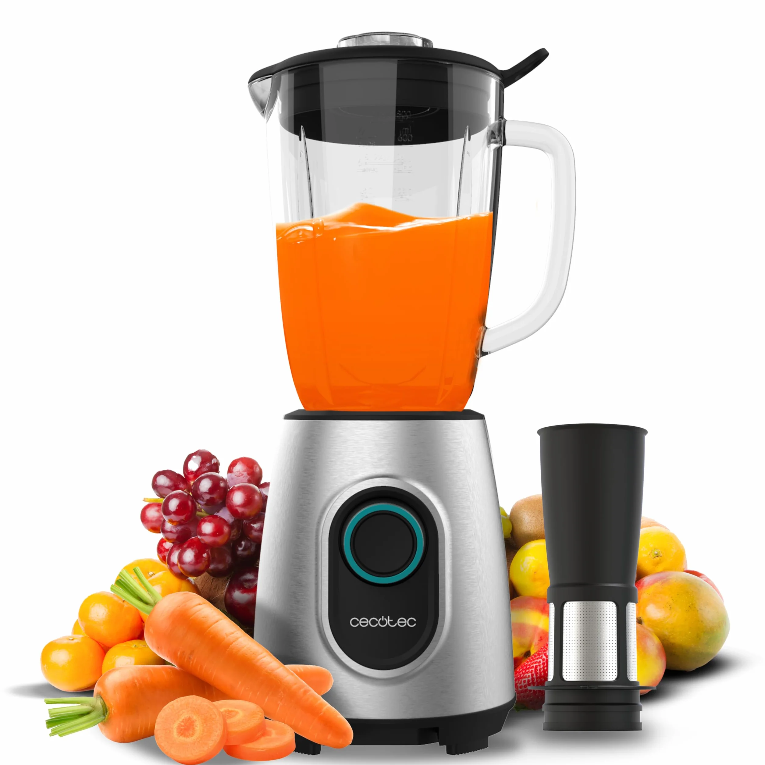 Cecotec Blender do kubków Power Black Titanium 2000MAX Inox Pro. 1800W, 27800 obr./min, 8 ostrzy tytanu, czarny dzbanek ze szkła 1,8 l, 2 prędkości, puls, siekacz lodu, zmywarka, filtr płynny, stal