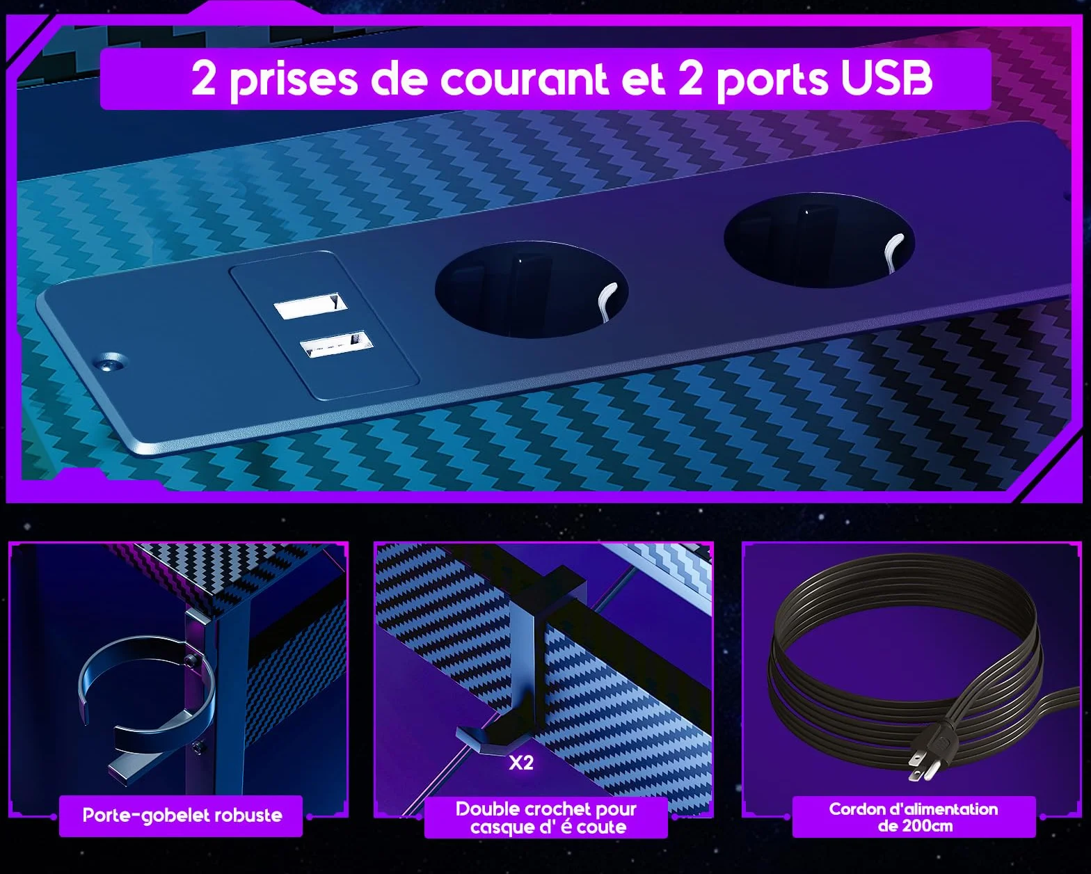 ODK Biurko gamingowy z diodami LED, biurko gamingowe z 2 gniazdami wtykowymi i 2 portami ładowania USB, stolik gamingowy z dużą półką na monitor, czarne włókno węglowe, 129 x 129 cm