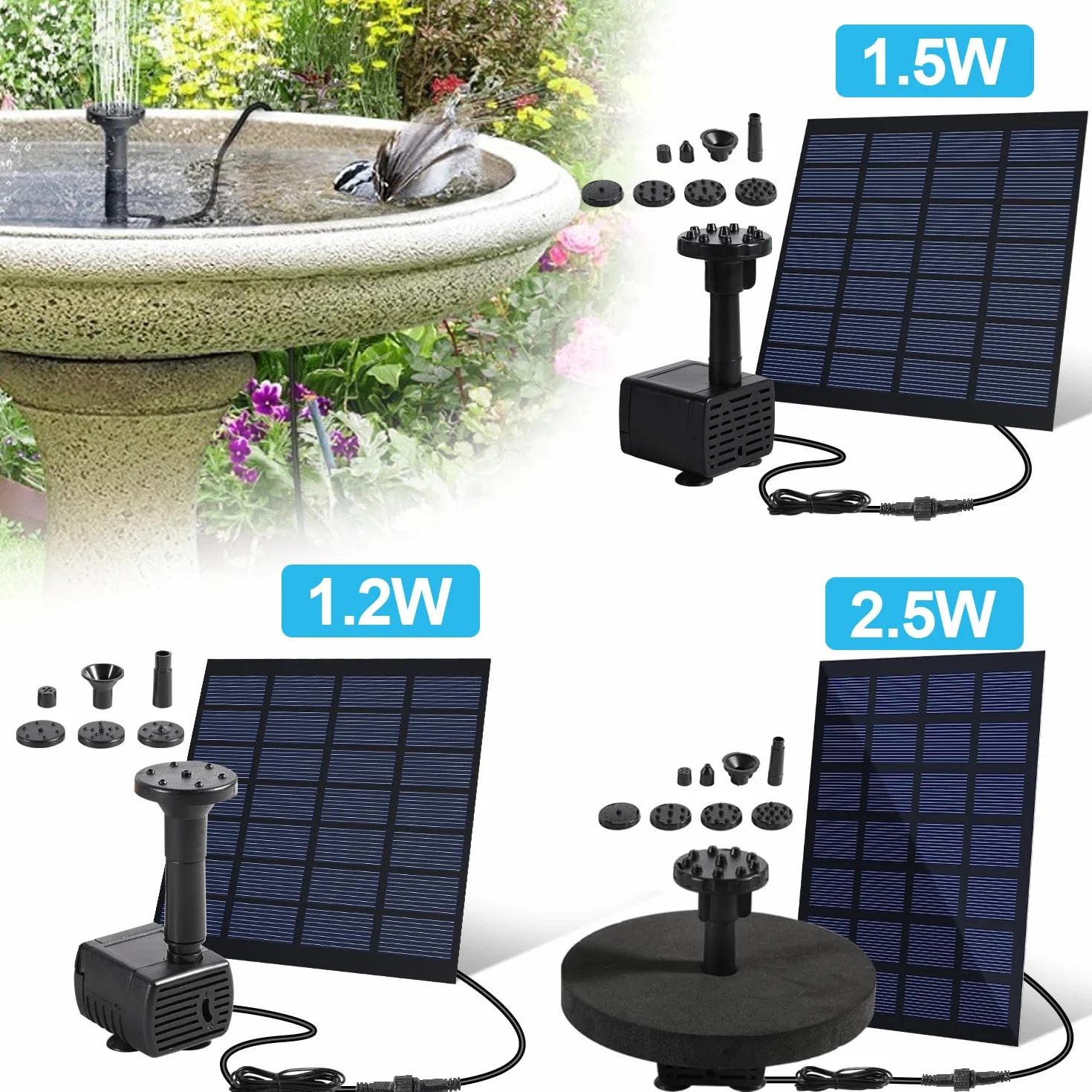Sonnewelt Solarna fontanna, bezszczotkowa pompa do stawu 7 V, 1,5 W, solarna pompa wodna z 10 stylami fontanny, do zabaw wodnych, stawów, łaźni ptaków, ogrodu
