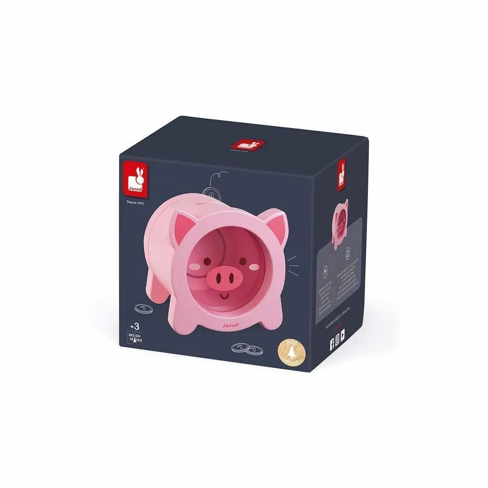 Janod - Wooden Children’s Piggy Bank 5.9 inch - See-Through Side and Magnetic Opening - Children's Room Decoration - Suitable for Ages 3 and Up, J04653