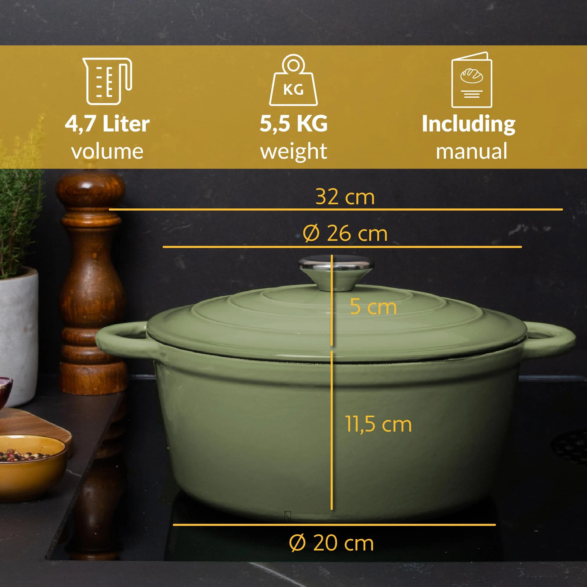 Garnek żeliwny emaliowany z pokrywką 4,7 l – do chleba, pieczenia, bigosu, duszenia – na indukcję i do piekarnika (Zielony)