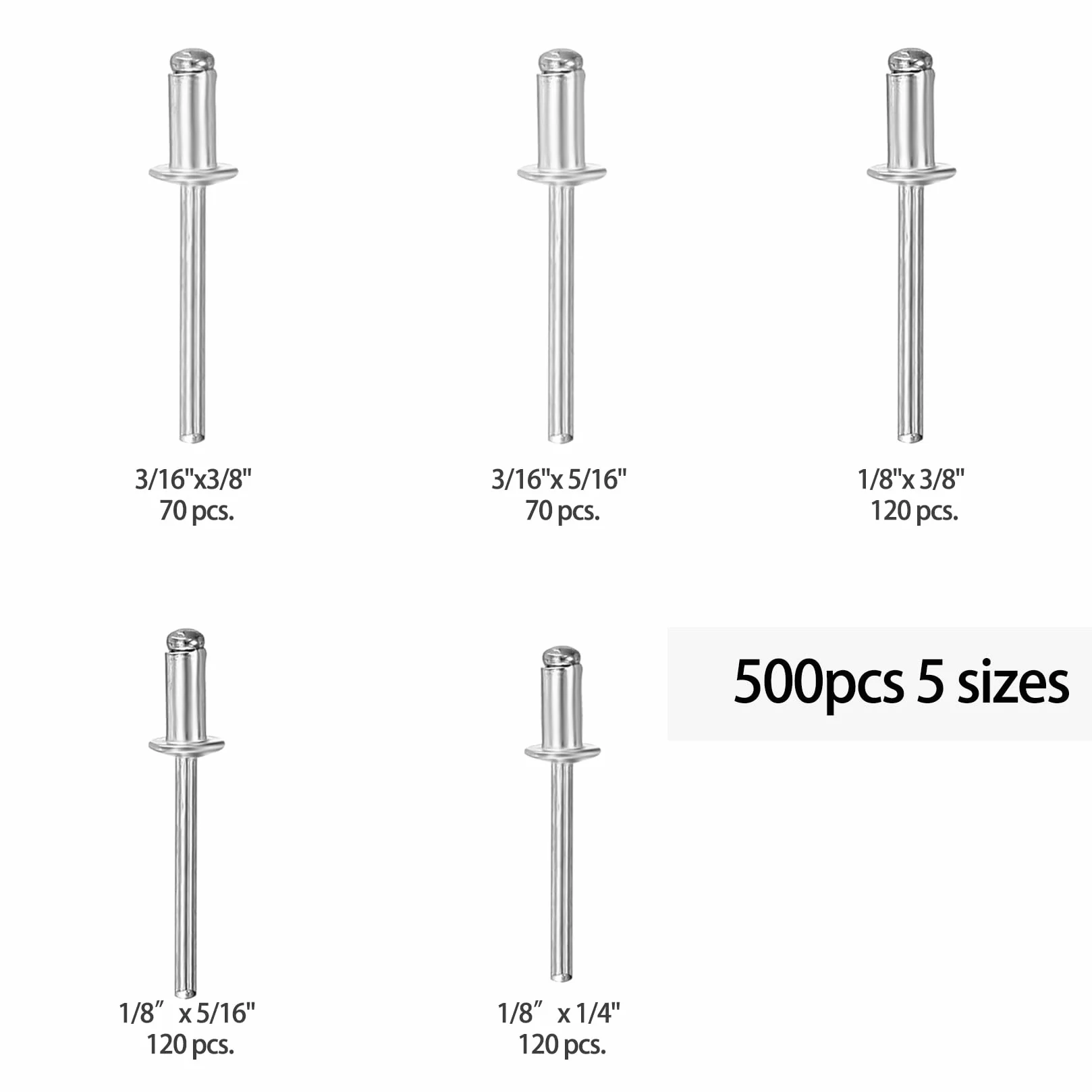 Zestaw nitów zrywalnych, aluminiowe nity zrywalne, 500 szt. aluminium/stal, 5 rozmiarów nitów popowych, płaskich łeb do metalu, drewna, tworzywa sztucznego, 3,2 mm i 4,8 mm
