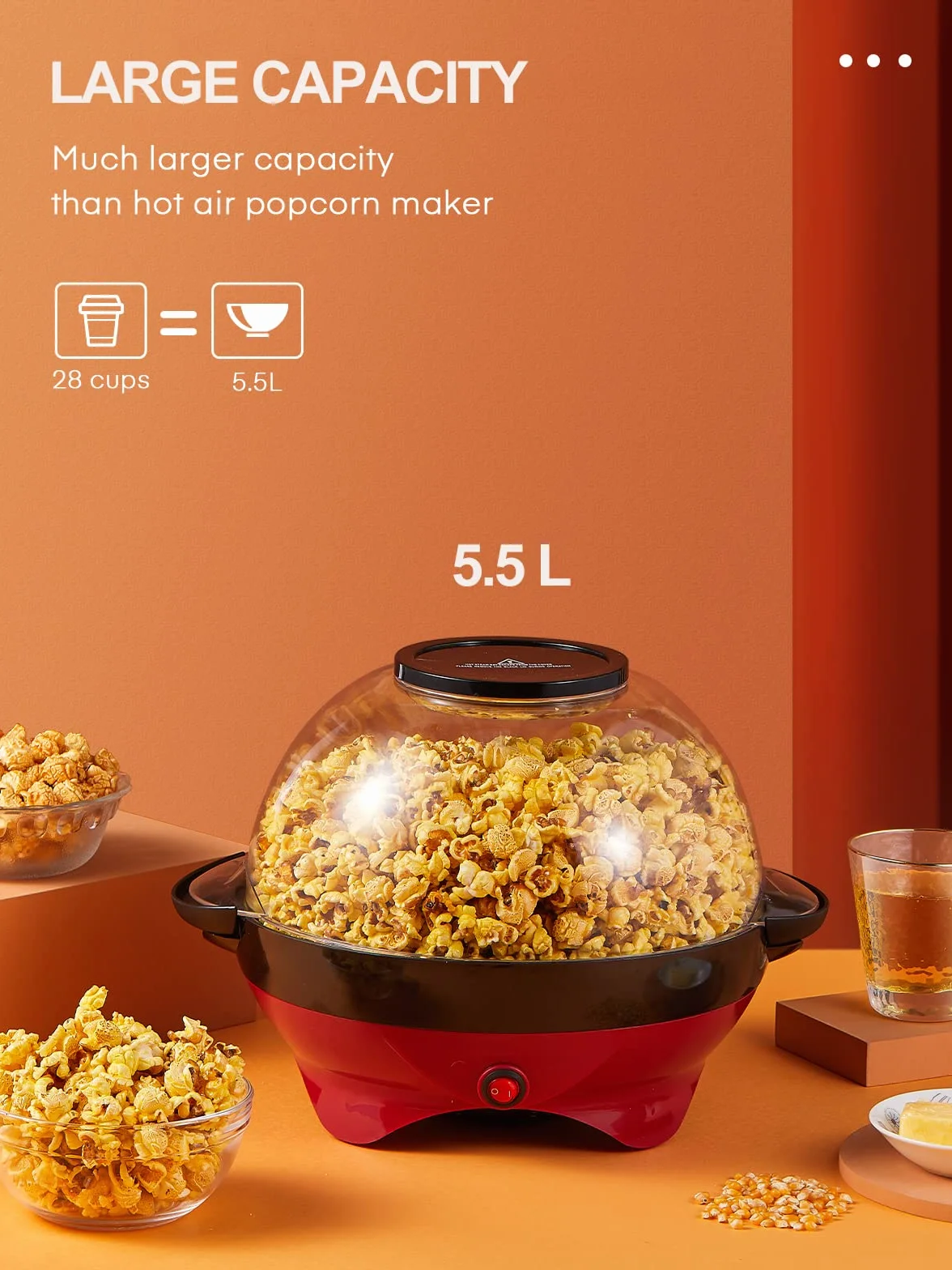 HOUSNAT maszyna do popcornu, duża pojemność 5,5 l, 800 W, z powłoką zapobiegającą przywieraniu i zdejmowaną powierzchnią grzewczą, cicha i szybka