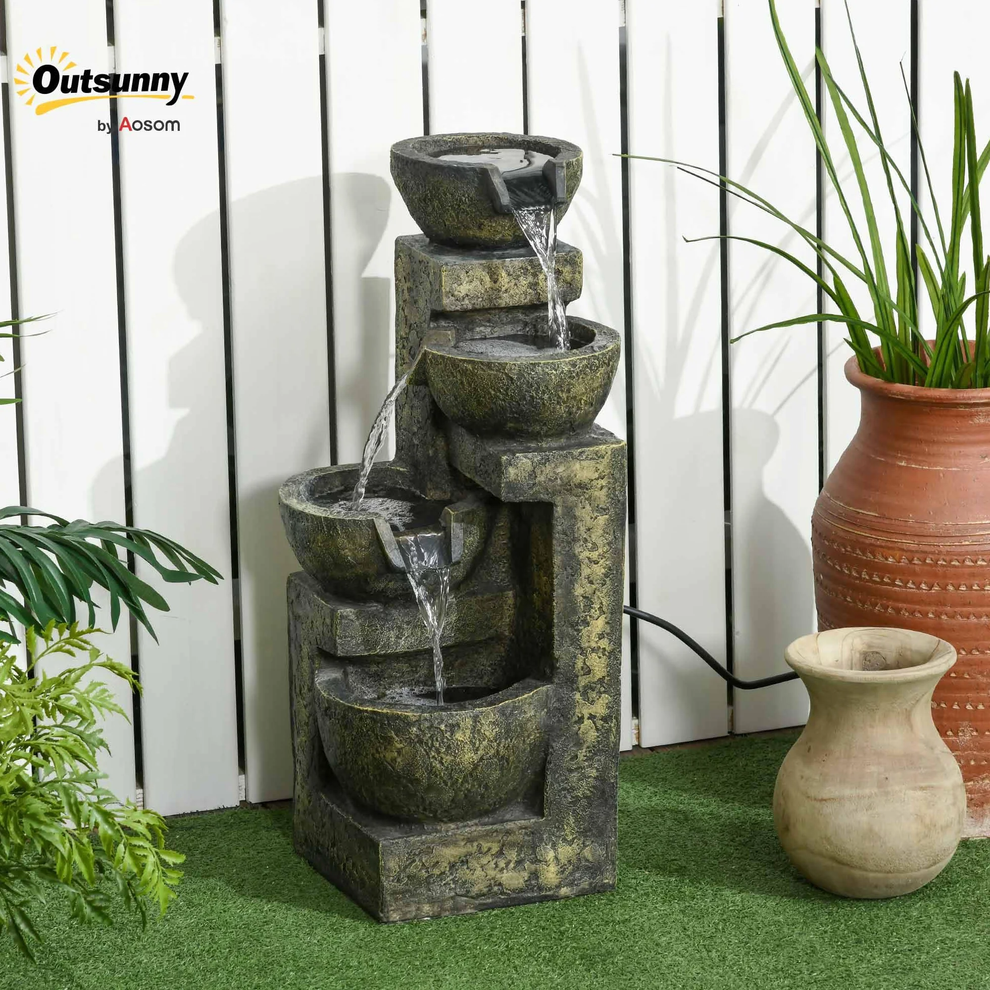 Outsunny Zen ozdobna fontanna ogrodowa 4 miski regulowany przepływ Zatapialna pompa wodna w zestawie 25 l x 24 l x 60H cm żywica czarna