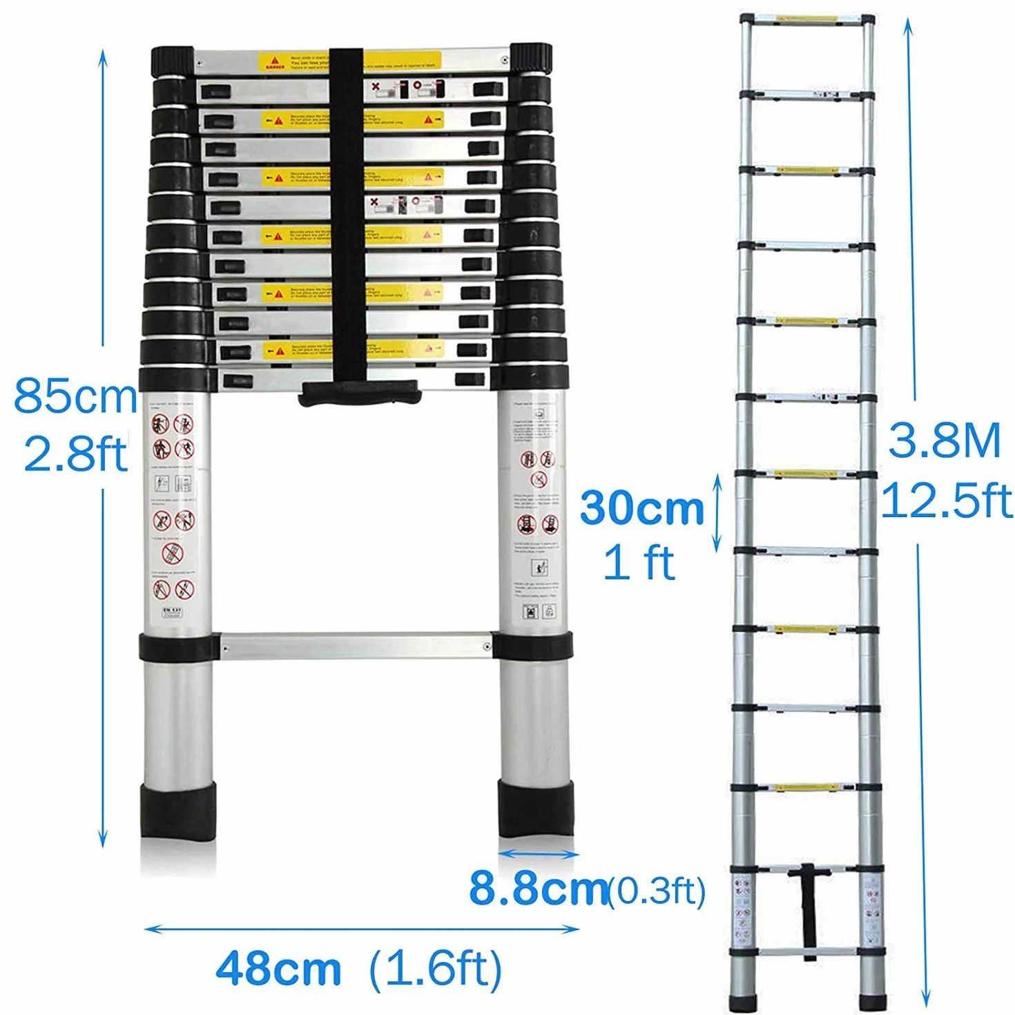 3,8 m drabina teleskopowa, aluminiowa, składana, antypoślizgowa, konstrukcja teleskopowa, wykonana z wysokiej jakości aluminium, przenośna, lekka, 150 kg, certyfikat EN131