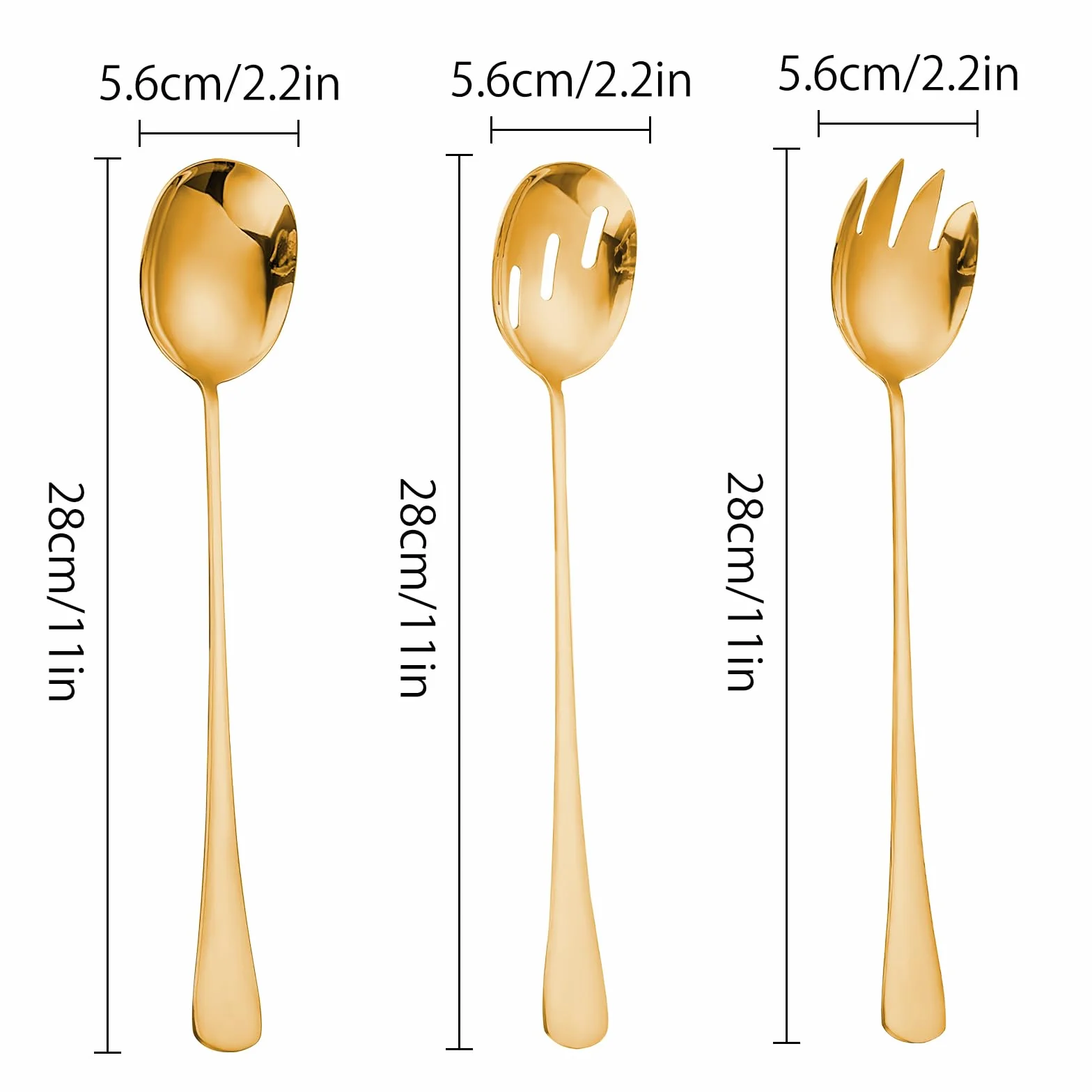 APOMOONS Sztućce do sałatki 410 ze stali nierdzewnej 28 x 5,5 cm, łyżki do sałatek, widelec do sałatek, duży zestaw sztućców do restauracji, hotelu, na imprezę, bufet, 3 szt. (kolor złoty)