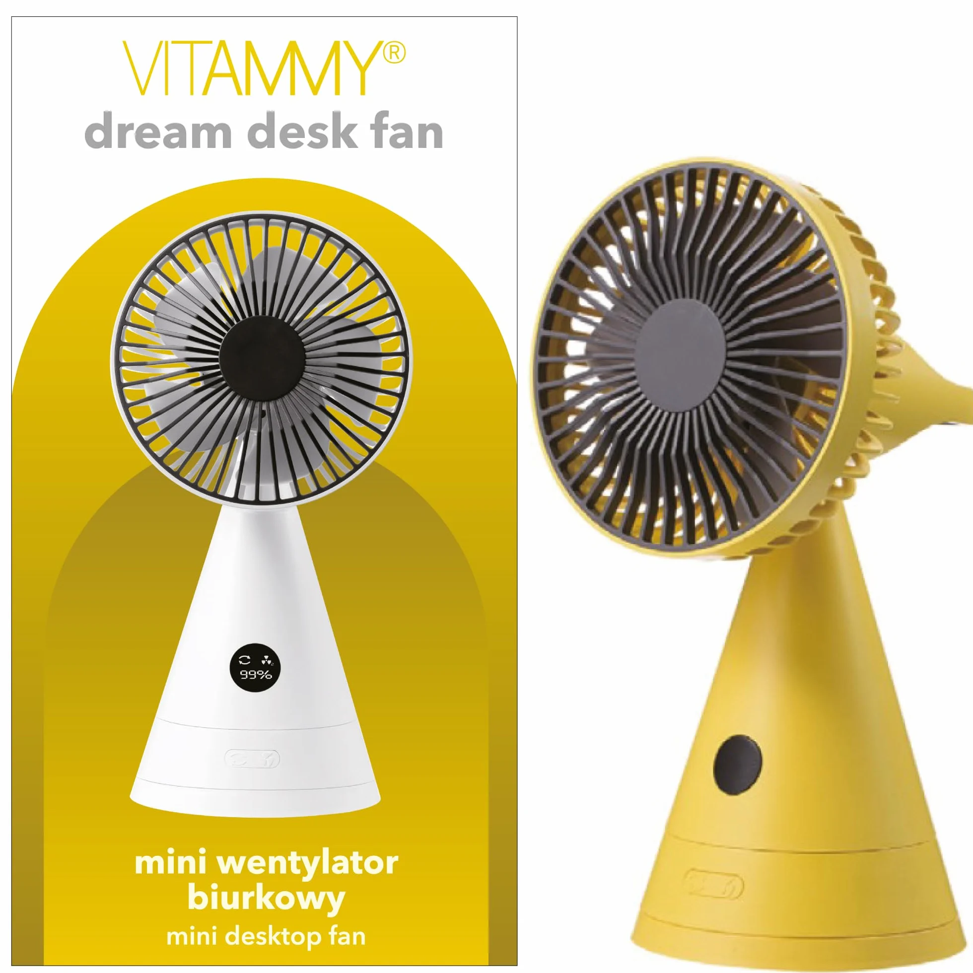 VITAMMY DREAM DESK FAN ŻÓŁTY Mini wentylator biurkowy USB, 4000 mAh