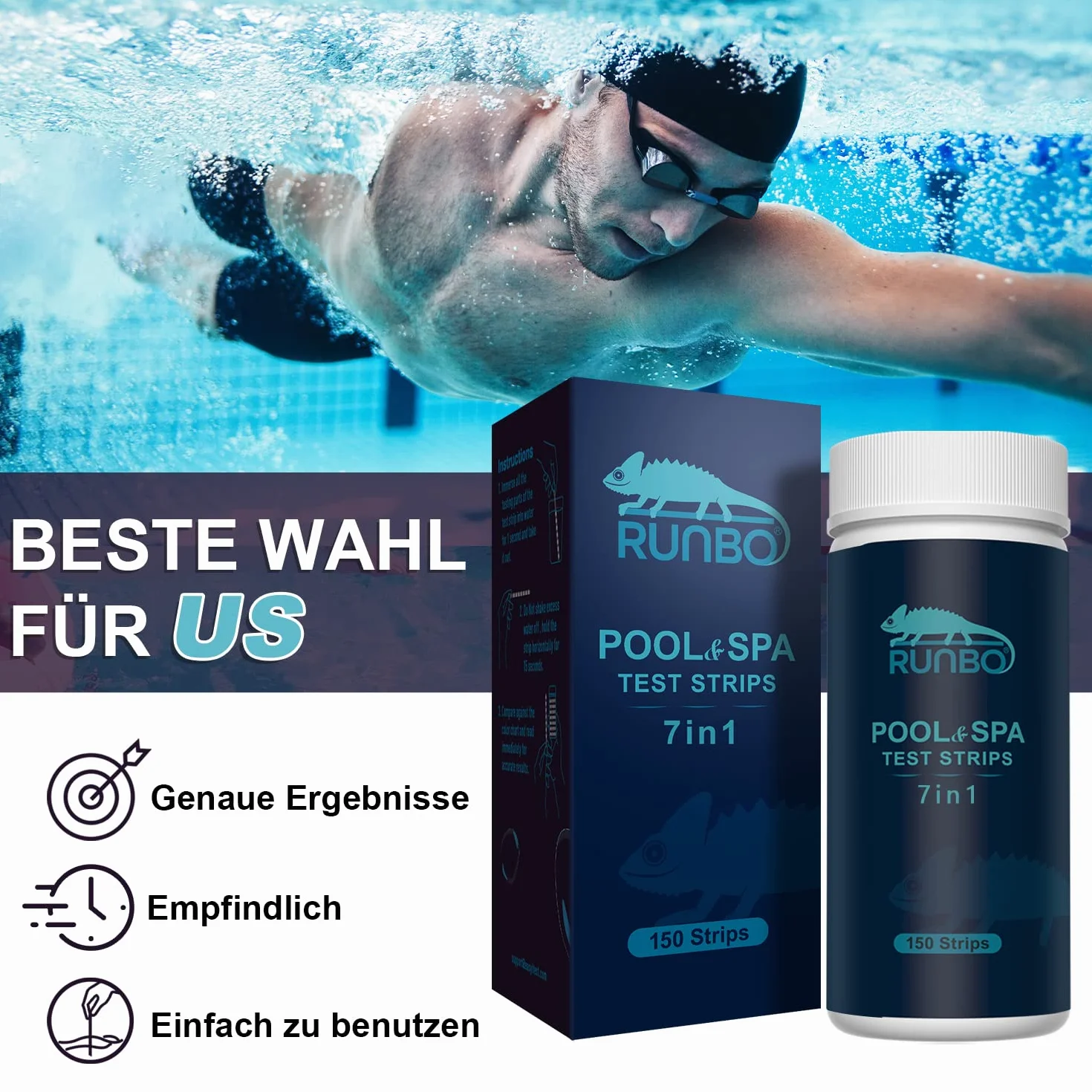 RUNBO Paski testowe 7 w 1 do basenów, 150 pasków testowych chemicznych spa, dokładny brom, całkowita zasadowość, PH, wolny chlor, całkowita twardość, całkowita twardość, kwas cyjanurowy i całkowita
