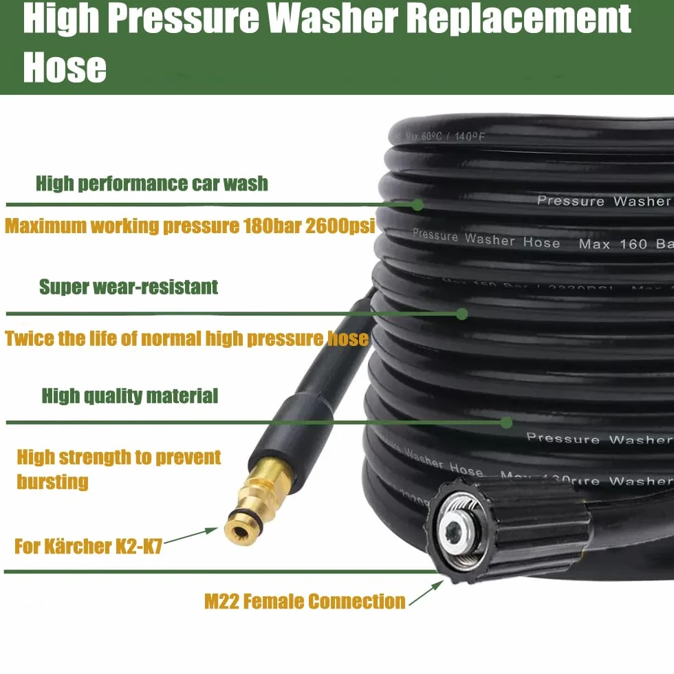 Wąż do myjki wysokociśnieniowej, 10 m, do Kärcher K2, K3, K4, K5, K6, K7, M22-14 mm, wąż zastępczy do myjki wysokociśnieniowej, wąż przedłużający
