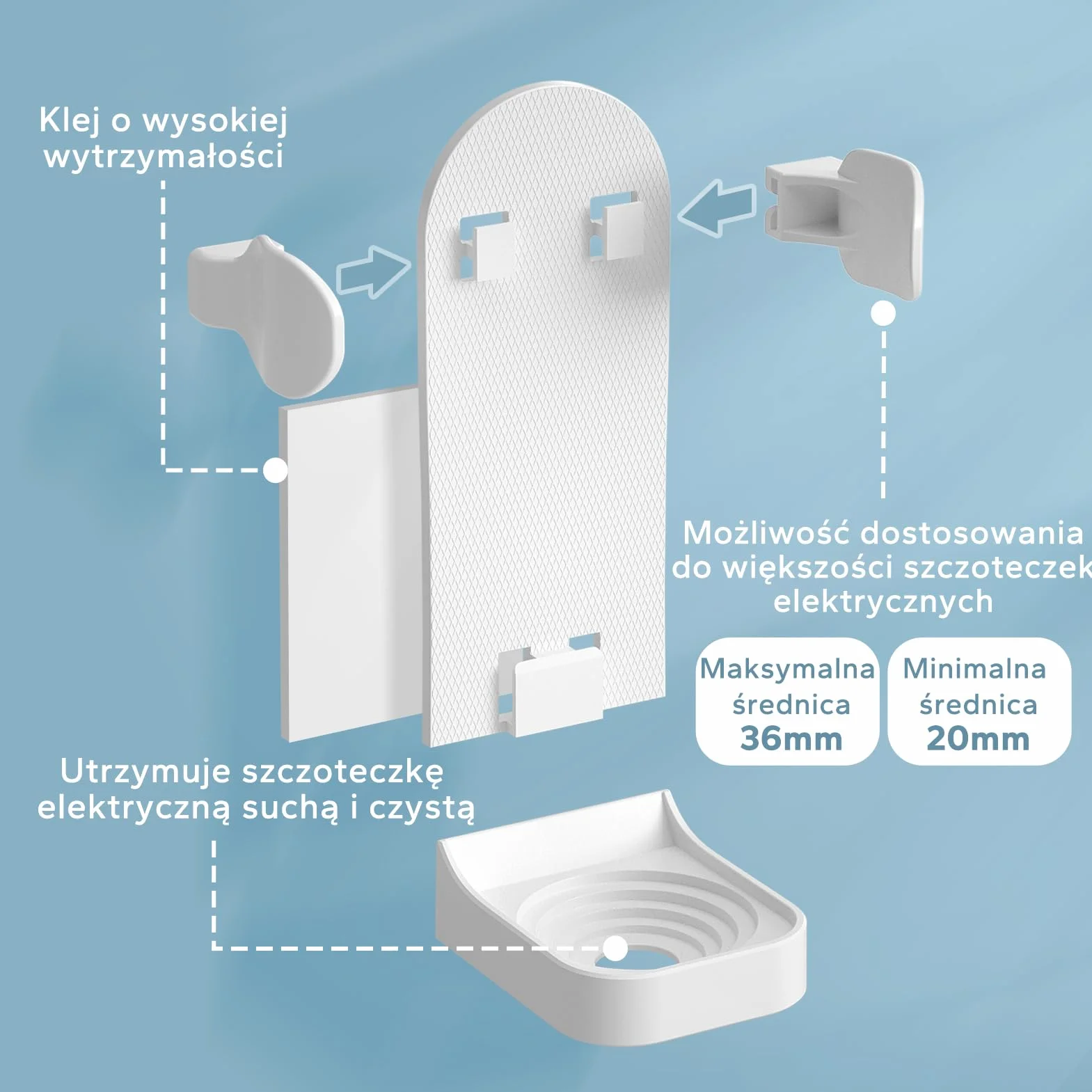 Elektryczny Uchwyt na Szczoteczkę do Zębów, HOMMAND 2 Szt. Mocny Samoprzylepny Uchwyt na Szczoteczki Elektryczne, Regulowany Stojak Organizer na Szczoteczki do Zębów Naścienny do łazienki, Biały