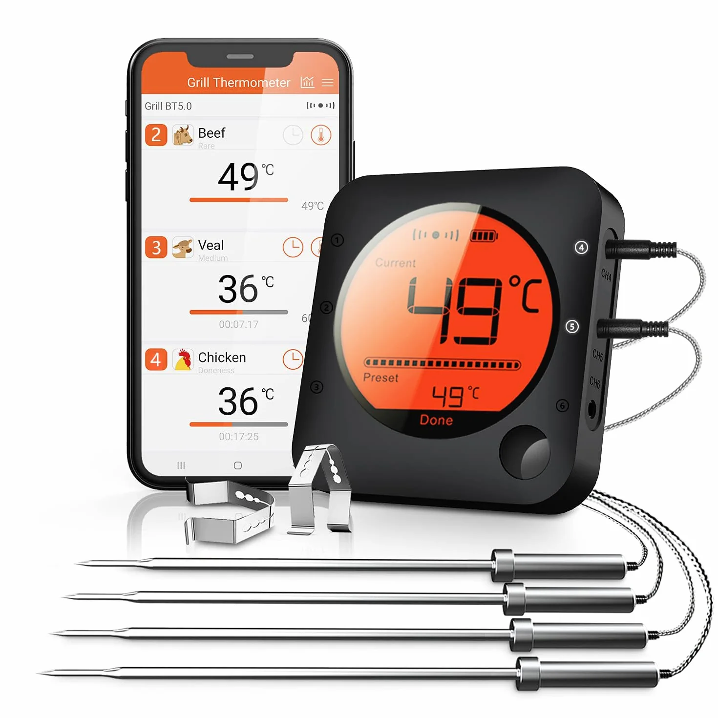 BFOUR termometr do pieczenia z funkcją Bluetooth, z zegarem, 4 czujnikami temperatury, sondą, cyfrowym termometrem do grilla, podświetleniem tła LED