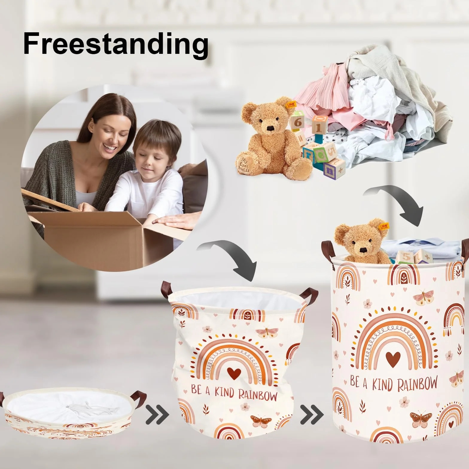 Clastyle 45L Boho Tęcza Różowy Dziecięcy Kosz na Pranie Butterfly Flowers Kids Laundry Basket Leaves Heart Clothes Toy Storage Basket For Bedroom, 36×45 cm