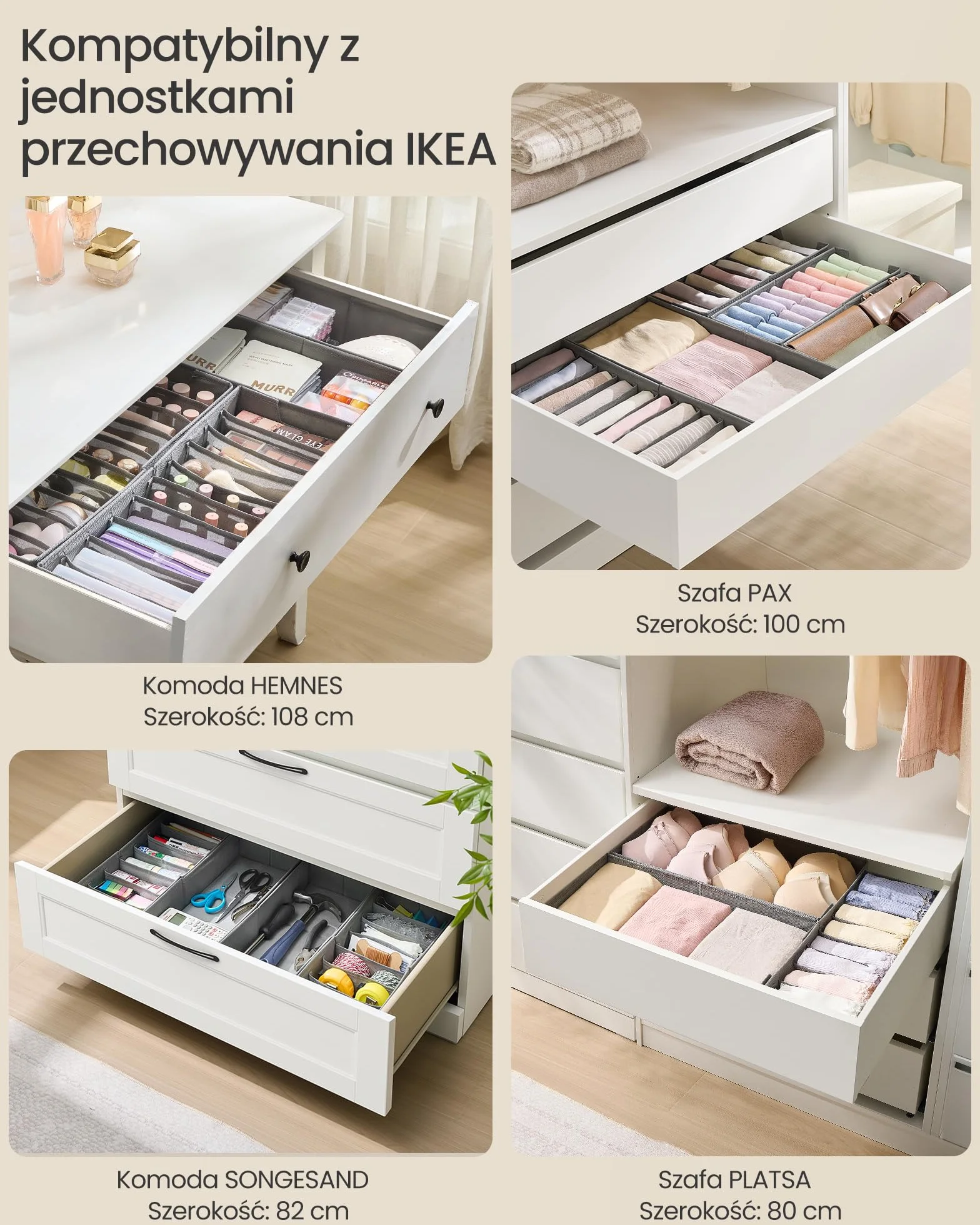 SONGMICS Zestaw 4 organizerów na bieliznę, organizer do szuflady do komód IKEA HEMNES i MALM, bez przegródek, składany organizer do szafy, 40 x 16 x 10 cm na skarpetki, gołębi szary RUS012G01