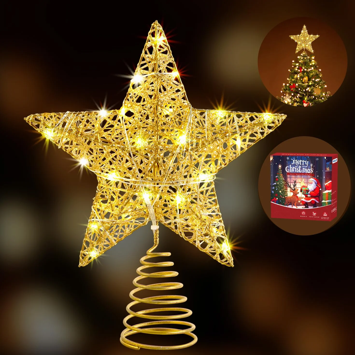 Ozdoba choinkowa, gwiazda, 25 cm, złoty drut, brokatowa ozdoba na choinkę z timerem, zasilanie bateryjne lub USB, 20 diod LED, złote ozdoby, wierzchołek choinki, dekoracja noworoczna, 25 cm