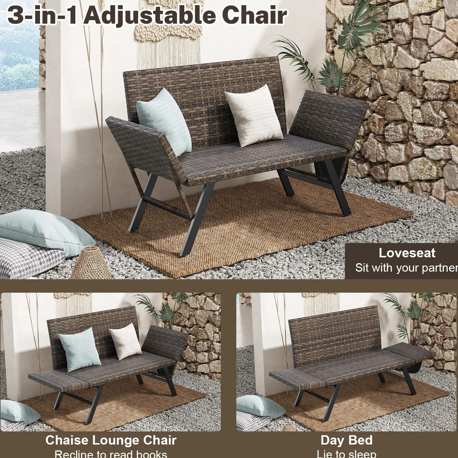 GIANTEX 2-osobowa rattanowa sofa ogrodowa, rozkładana ławka ogrodowa z regulowanymi podłokietnikami, pleciona konstrukcja, długość 163–178 cm, obciążenie 300 kg, leżanka ogrodowa na taras