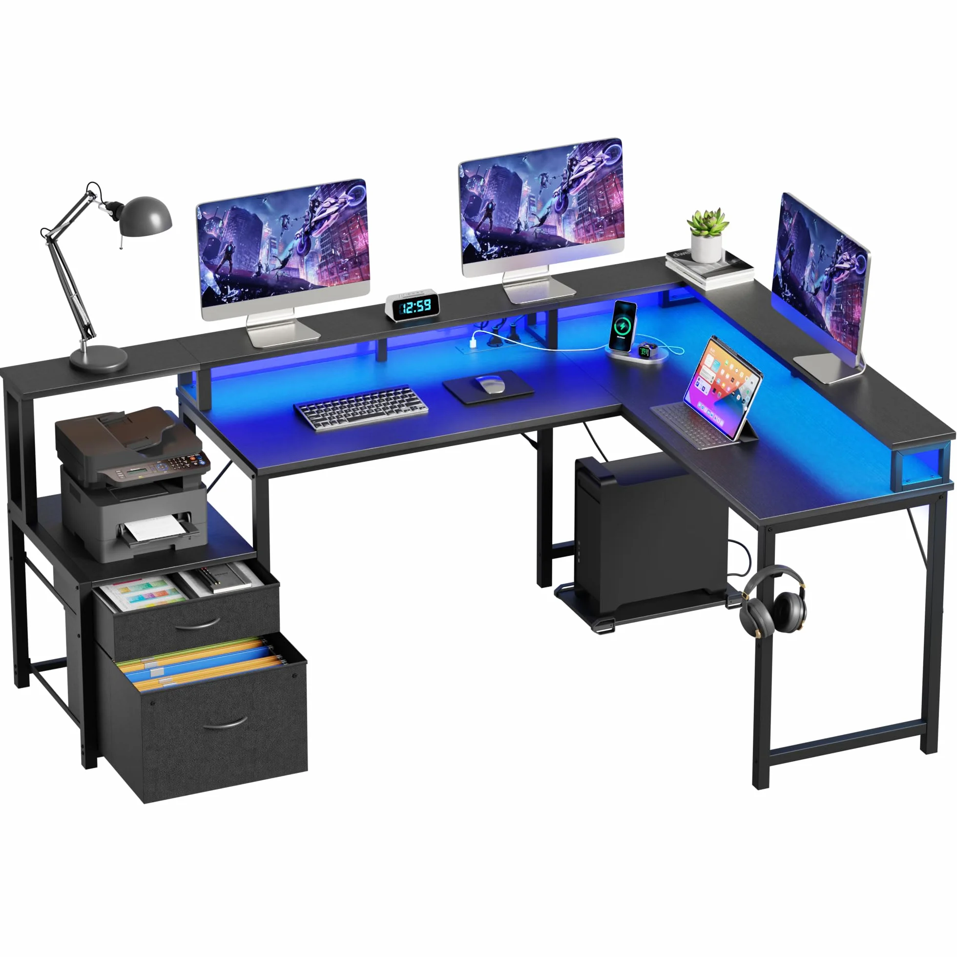YOUDENOVA Biurko narożne z szufladami, w kształcie litery L, 168 x 100 cm, stolik gamingowy z diodami LED, biurko komputerowe z gniazdkiem i przyłączem USB do ładowania, kolor czarny