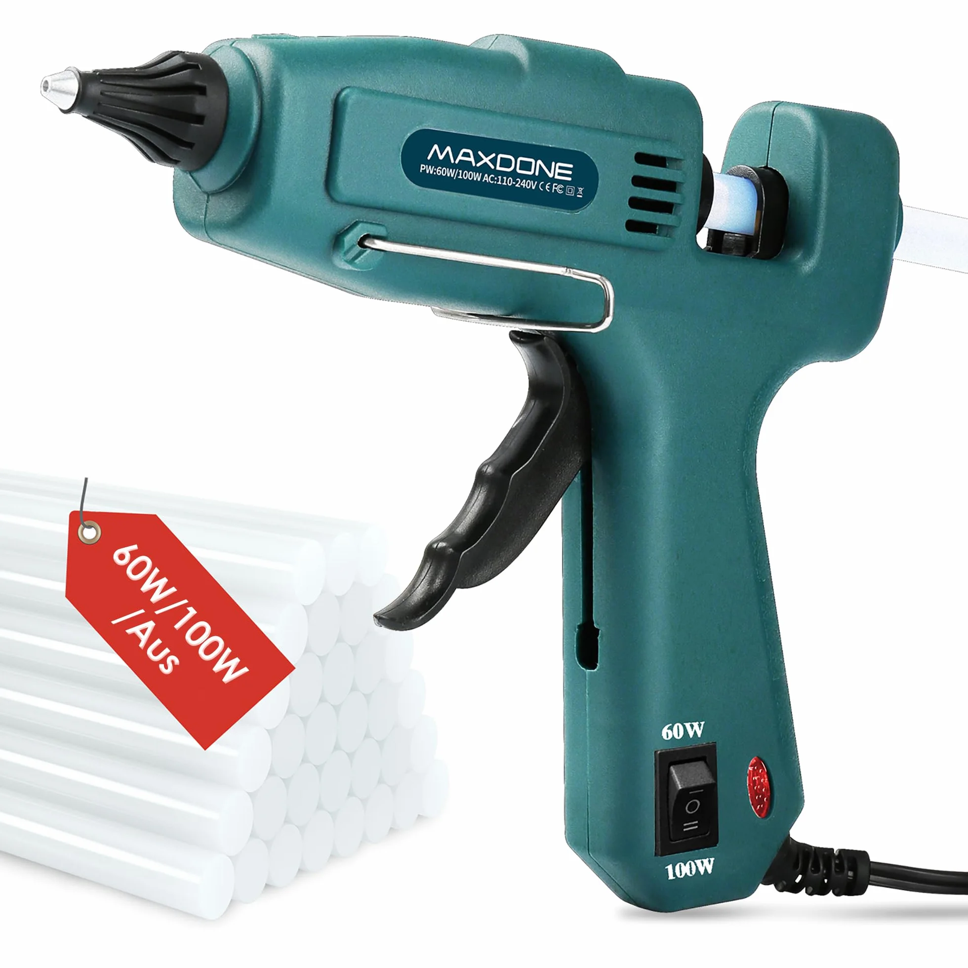 MAXDONE 60 W i 100 W pistolet silikonowy i wyłącznik jednym kliknięciem, duży gorący silikonowy pistolet z 12 prętami kleju 11 mm, do majsterkowania, naprawy przemysłowe