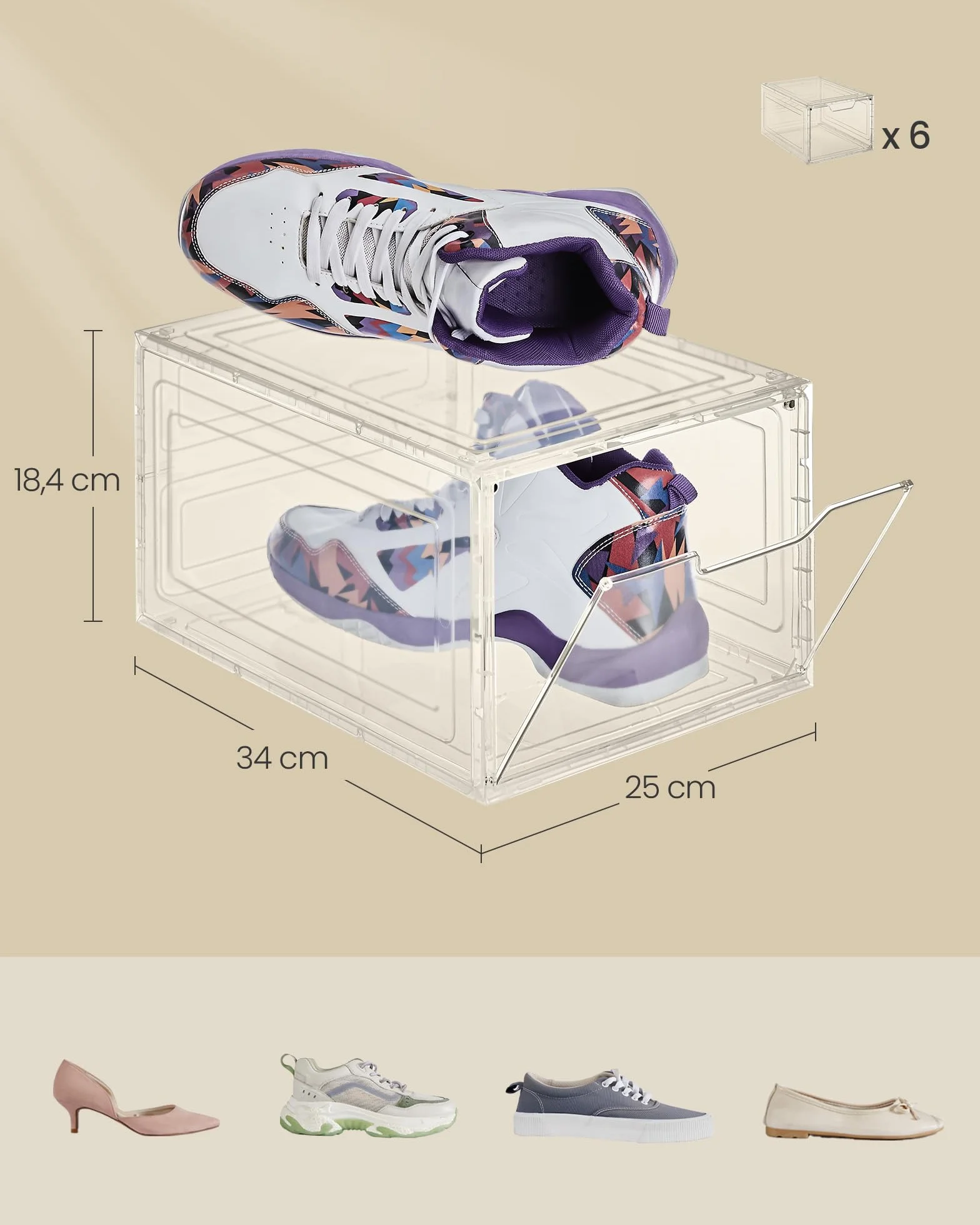 SONGMICS Pudełka na buty Plastikowy organizer na buty z przezroczystymi drzwiczkami Zestaw 6 szt.układania w stosy Łatwy montaż 34 x 25 x 18,4 cm na buty do rozmiaru 44 Przezroczysty biały LSP406W02