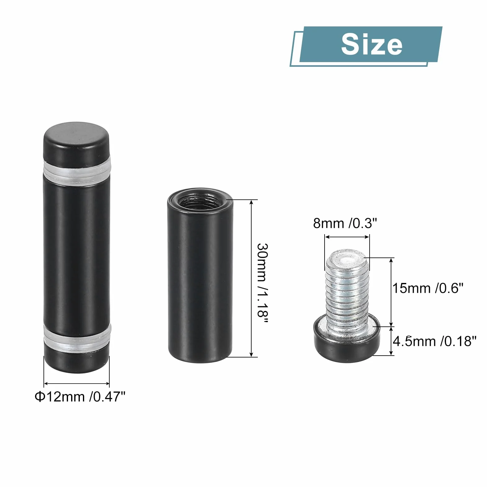 QUARKZMAN 8 sztuk wsporników ściennych ze stali nierdzewnej, 12 x 40 mm, śruby dystansowe, śruby dystansowe do szkła akrylowego, tablice reklamowe, czarne