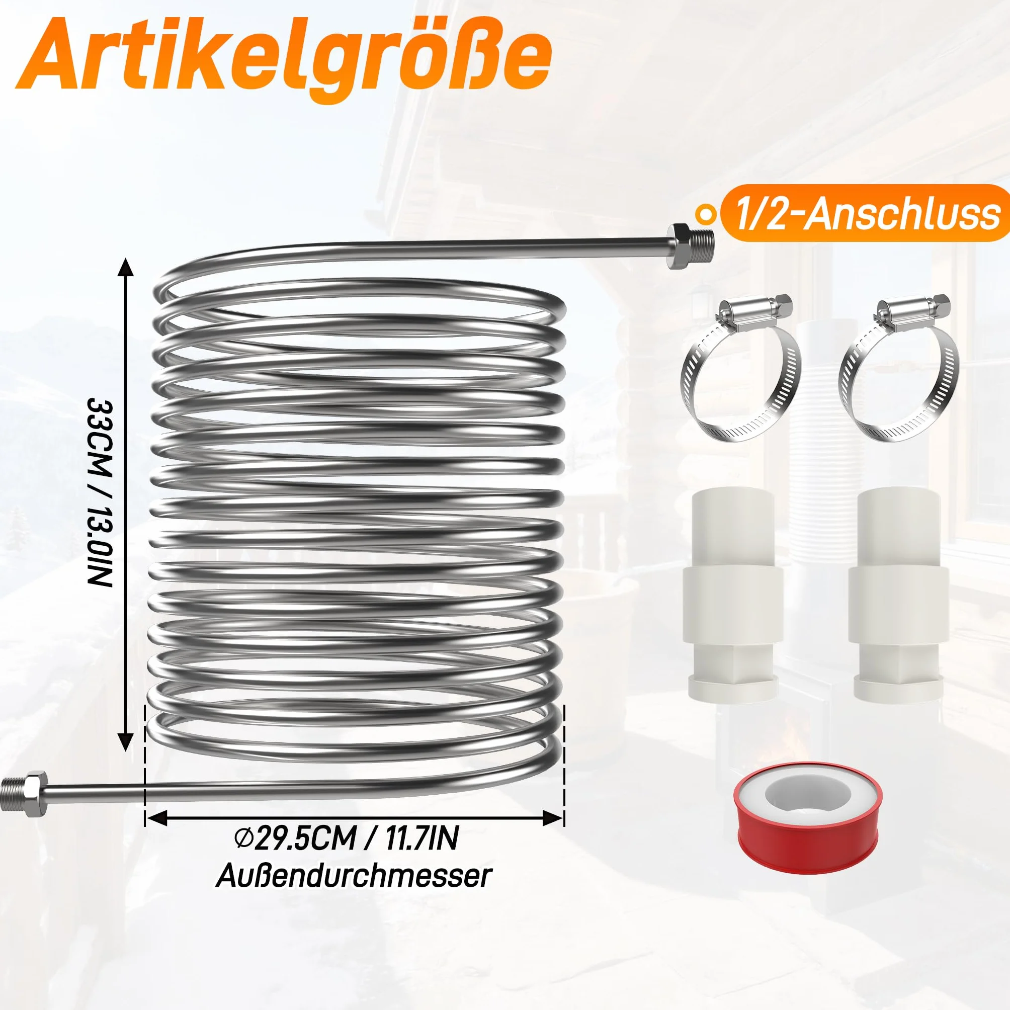 XMTECH Spirala grzewcza ze stali nierdzewnej, ogrzewanie basenu bez prądu, rura 14 m, stal nierdzewna 304, piec na drewno, grzejnik basenowy, wydajne ogrzewanie spiralne z przyłączem 1/2 cala