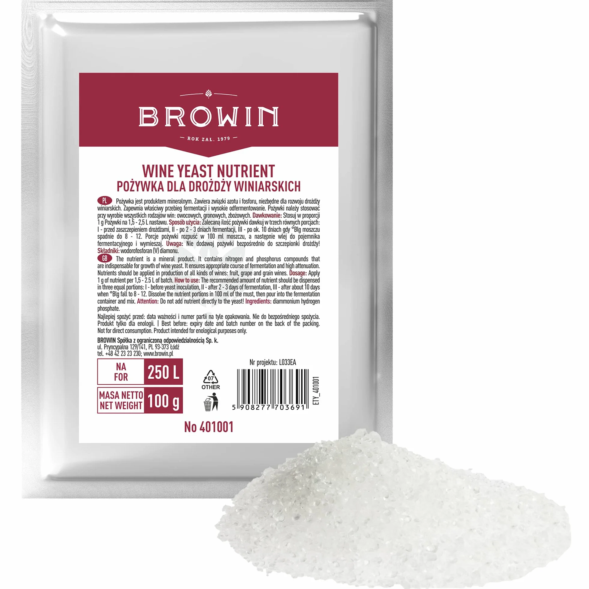 Browin 401001 pożywka dla drożdży, drożdże winne, wino, mineralna sól odżywcza 100 g, 100 g